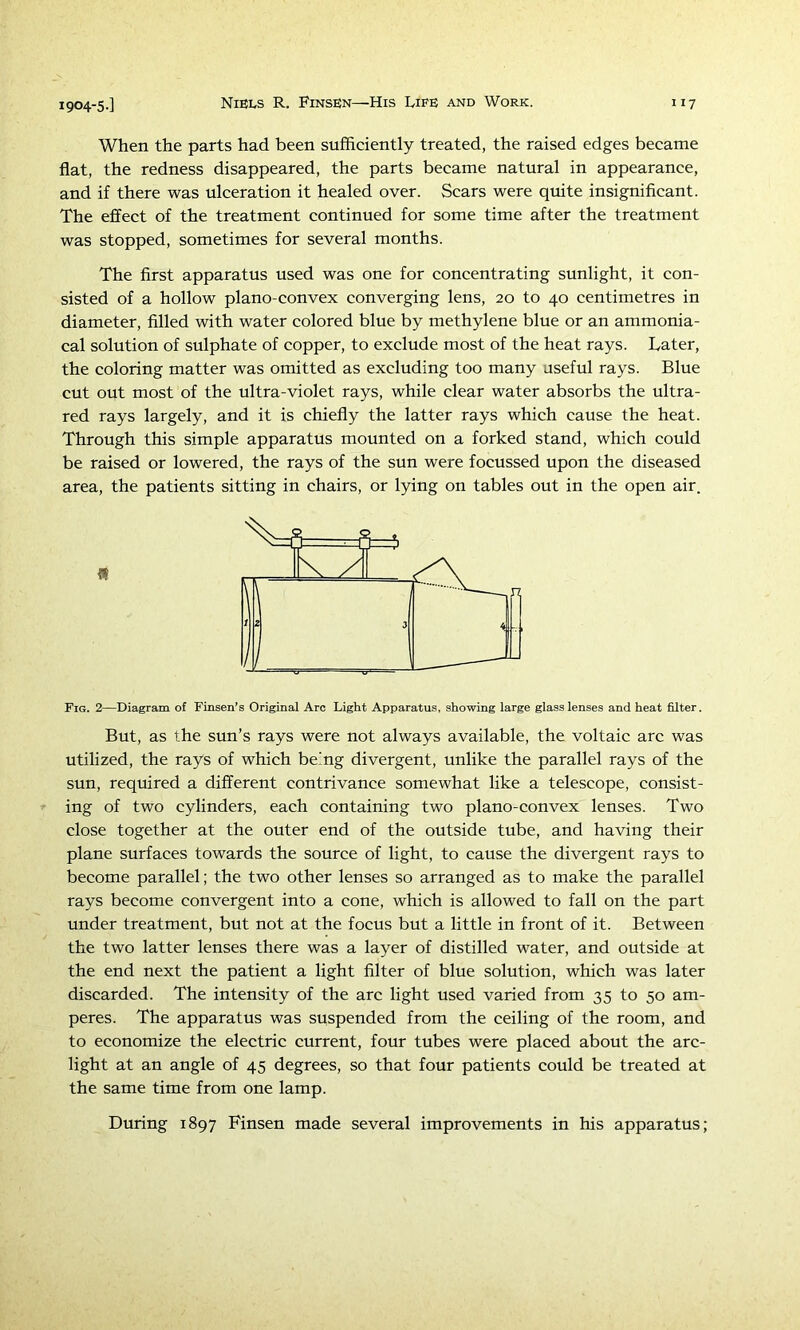When the parts had been sufficiently treated, the raised edges became flat, the redness disappeared, the parts became natural in appearance, and if there was ulceration it healed over. Scars were quite insignificant. The effect of the treatment continued for some time after the treatment was stopped, sometimes for several months. The first apparatus used was one for concentrating sunlight, it con- sisted of a hollow plano-convex converging lens, 20 to 40 centimetres in diameter, filled with water colored blue by methylene blue or an ammonia- cal solution of sulphate of copper, to exclude most of the heat rays. Later, the coloring matter was omitted as excluding too many useful rays. Blue cut out most of the ultra-violet rays, while clear water absorbs the ultra- red rays largely, and it is chiefly the latter rays which cause the heat. Through this simple apparatus mounted on a forked stand, which could be raised or lowered, the rays of the sun were focussed upon the diseased area, the patients sitting in chairs, or lying on tables out in the open air. Fig. 2—Diagram of Finsen’s Original Arc Light Apparatus, showing large glass lenses and heat filter. But, as the sun’s rays were not always available, the voltaic arc was utilized, the rays of which being divergent, unlike the parallel rays of the sun, required a different contrivance somewhat like a telescope, consist- ing of two cylinders, each containing two plano-convex lenses. Two close together at the outer end of the outside tube, and having their plane surfaces towards the source of light, to cause the divergent rays to become parallel; the two other lenses so arranged as to make the parallel rays become convergent into a cone, which is allowed to fall on the part under treatment, but not at the focus but a little in front of it. Between the two latter lenses there was a layer of distilled water, and outside at the end next the patient a light filter of blue solution, which was later discarded. The intensity of the arc light used varied from 35 to 50 am- peres. The apparatus was suspended from the ceiling of the room, and to economize the electric current, four tubes were placed about the arc- light at an angle of 45 degrees, so that four patients could be treated at the same time from one lamp. During 1897 Finsen made several improvements in his apparatus;