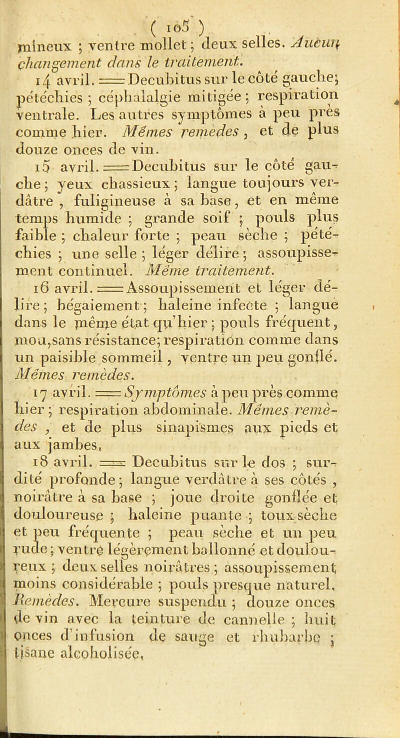 l n ynineux ; ventre mollet ; deux selles. u4ucui^ changement dans le traitement. 14 avril, -r—Decubitus sur le côté ganclie; pétéchies; céphalalgie mitigée; respiration ventrale. Les autres symptômes à peu près comnie hier. Mêmes reine de s ^ et de plus douze onces de vin. 15 avril. = Decubitus sur le côté gau- che ; yeux chassieux ; langue toujours ver- dâtre , fuligineuse à sa hase, et en même temps humide ; grande soif ; pouls plus faible ; chaleur forte ; peau sèche ; pété- chies ; une selle ; léger délire ; assoupisse- ment continuel. Même traitement. 16 avril. := Assoupissement et léger dé- lire; bégaiement; haleine infecte ; langue dans le piênje état qvi’hier ; pouls fréquent, mou,sans résistance; respiration comme dans un paisible sommeil, ventre un peu gonflé. Mêmes remèdes. 17 avril. = Symptômes à peu près comme hier ; respiration abdominale. Mêmes remè- des , et de plus sinapismes aux pieds et aux jambes, 18 avril. = Decubitus sur le dos ; sur^ dité profonde; langue verdâtre à ses côtés , noirâtre à sa base ; joue droite gonflée et douloureuse ; haleine puante ; toux sèche et peu fréquente ; peau sèche et un peu t’ude ; ventre légèrement ballonné et doulou^ reux ; deux selles noirâtres ; assoupissement moins considérable ; pouls presque naturel. Remèdes. Mercure suspendu ; douze onces devin avec la teinture de cannelle ; huit onces d’infusion de sauge et rlml)arbc ; tisane alcoholiséq,