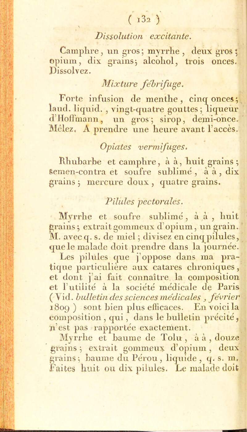 Dissolution excitante. Camphre, opium, dix Pissolvez. un gros ; myrrhe , grains j alcohol, deux gros ; trois onces. Mixture fébrifuge. Forte infusion de menthe, cinq onces^ laud. liquid. , vingt-quati’e gouttes ; liqueur d’Hoffmann, un gros; sirop, demi-once. Mêlez, A prendre une heure avant l’accès. Opiates vermifuges. Rhuharhe et camphre, à à, huit grains ; Remen-contra et soufre sublimé , à à , dix gi’ains ; mercui’e doux , quatre grains. Pilules pectorales. Myrrhe et soufre sublimé, à à , huit grains ; extrait gommeux d’opium, un grain. M. avecq. s. de miel ; divisez en cinq pilules, que le malade doit prendre dans la journée. Les pilules que j’oppose dans ma pra- tique particulière aux catares chroniques, et dont j’ai fait connaître la composition et futilité à la société médicale de Paris ( Vid. bulletin des sciences me'dicales ^ février 1809 ) sont bien plus efficaces. En voici la composition , qui, dans le bulletin précité, ji’est pas rapportée exactement. Myx’rhe et baume de Tolu , à à , douze grains ; extrait gommeux d’opium, deux gi’ains; baume du Pérou, liquide, q. s. m. Faites huit ou dix pilules. Le malade doit