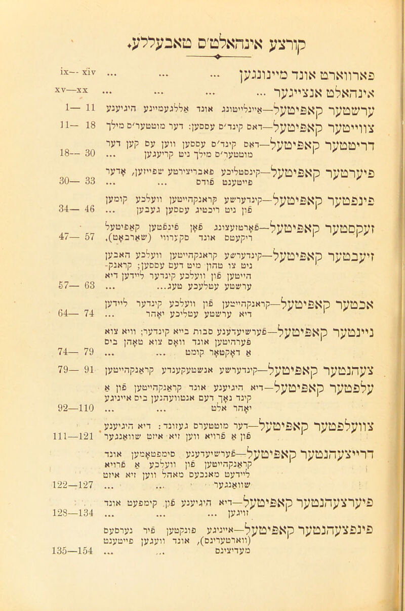 קורצע אינהאלט׳ס טאבעללע♦ פארװארמ אונד מײנונגען ״• אינהאלט אנצײנער •״ ערשטער קאפיט^ל—אײנלײטונג אונד אללגעמײנע היגיענע צװייטער קאפיט^ל—דאם קינד׳ם עםסען: דער מוטטער׳ם מילך דריטטער האפיטמל—ד>*ס קינד׳ס עםםען װען עם קען דער י מוטטער׳ם מילך ניט קריעגען ... פיערטער קאפיט^ל—קינםטליכע פאבריצירטע •צפײזען, ^דער י פײטענט םודם ... ... פינפטער קאפיטמל—קינדערשע קראנקהײטען װעל׳בע קומען י פון ניט ריכטיג עםםען געבען זעהםטער ^אפיטי^ל—פארטזעצונג פאן פינפטען קאפיטעל ^׳ 'י י ריקעטם אונד םקינרװי (שארב^ט), זיעבטער האפיטמל—קינדערשע קראנקהײטען װעליבע האבען י ניט צו טהון מיט דעם עםםען; קראנק־ הײטען פון װעלכע קינדער לײדען דיא ערשטע עטלעכע טעג... ... אכטער האפיטמל—קראנקהײטען פון װעלבע קינדער לײדען י דיא ערשטע עטליכע יאהר ניינטער קאפיטמל—פערשיעדענע םבות בײא קינדער; װיא צוא י פערהיטען אונד װאם צוא טאהן בים א דאקטאר קומט צעהנטער קאפיטי^ל—קינדערשע אנשטעקענדע קראנקהײטען עלפטער קאפיט?ןל—דיא היגיענע אונד קראנקהײטען פון א י קינד נאך דעם אנטװעהנען בים אײניגע יאהר אלט ... ... צװעלפטער קאפיטעל—דער מוטטערם געזונד: דיא היגיענע_ םון א פרויא װען זיא איזט שװאנגערי ררייצעהנטער קאפיט^ל—פערשיעדענע םימפטאמען אונד . י קראנקהײטען םון װעלכע א פרויא לײדעט מאנכעם מאהל װען זיא איזט שװאנגער פיערצעהנטער קאפיטעל—דיא היגיענע פון, קימפעט אונד י זויגען ... פינפצעהנטער קאפיטי^ל—אײניגע פונקטען פיר נערםעם (װארטערינם), אונד װעגען פײטענט מעדיצינם זזגצ — 11 —1 18 -1נ 30 —18 33 —30 46 —34 57 —47 63 —57 74 —04 79 —74 91 —79 110—92 121—111 127—122 134—128 154—135