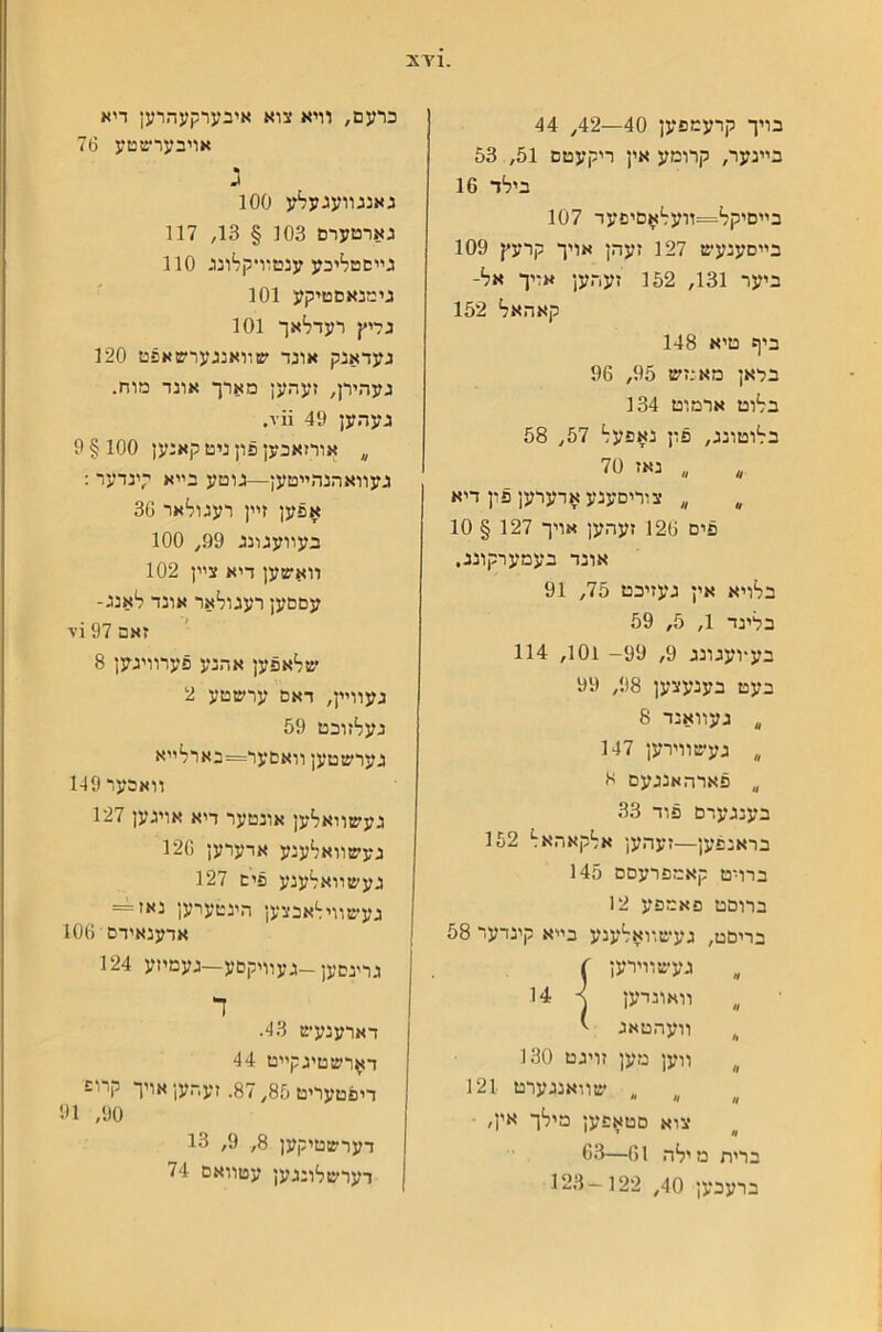בויך קדעמפען 40—42^ 44 בײנער, קרומע אין ריקעטם 51, 53 בילד 16 בײםיקל^װעל׳אםיפעד 107 בײםעגעש 127 זעהן אויך קרעץ 109 ביער 131, 152 זעהען אריך אל- קאהאל• 152 ביף טיא 148 בלאן מא;זש 95, 96 בלוט ארמוט 134 בז׳וטונג, פון נאפע^ 57, 58 ״ נאז 70 ״ צוריםענעאדערען פון דיא פים 126 זעהען אויך 127 § 10 אוגד בעמערקוננ, בלויא אין געזיכט 75, 91 בלינד 1, 5, 59 בע־ועגונג 9, 99- 101, 114 בעט בענעצען 98, 99 ״ געװאנד 8 ״ געשװירען 147 ״ פארהאנגעם א בענגערם פוד 33 בראנפען—זעהען אלקאהאל 152 ברויט קאמפרעםם 145 ברוםט פאמפע 12 בריםט, געשװאלענע בײא קינדער 58 געשװירען װאונרען ״ װעהטאג ״ װען מען זויגט 130 ״ ״ שװאנגערט 121 צוא םטאפען מילך אין, ברית מילה 61—63 ברעכען 40, 123-122 כרעם, װיא צוא איבערקעהרען דיא אויבערשטע 76 ג נאנגװעגעלע 100 גארטערם 103 § 13, 117 גײםטליבע ענטוװקלונג 110 גימנאםטיקע 101 גדיץ רעדלאך 101 געדאנק אונד שװאנגערשאפט 120 געהירן, זעהען מארך אונד מוח. געהען 49 111. ״ אורזאכען פון ניט קאנען 100 § 9 געװאהנהײטען—גוטע בײא קינדער : אפען זײן רעגולאר 36 בעװעגונג 99., 100 װאשען דיא צײן 102 עםםען רעגולאר אונד לאנג- זאפ 97 !■ו־ שלאפען אהנע פערװיגען 8 געווײן, דאם ערשטע 2 געלזוכט 59 גערשטען װאםער=בארלײא װאםער149 געשװאלען אוגטער דיא אויגען 127 געשװאלענע ארערען 126 געשװאלענע פים 127 געשװילאכצען הינטערען נאז = אדענאידם 106 גרינסען-געװיקםע—געםיזע 124 ד דארענעש 43. ד^רשטיגקײט 44 דיםטעריט 87,85. זעהען אויך קרו£ 90, 91 דערשטיקען 8, 9, 13 דערשלונגען עטװאם 74