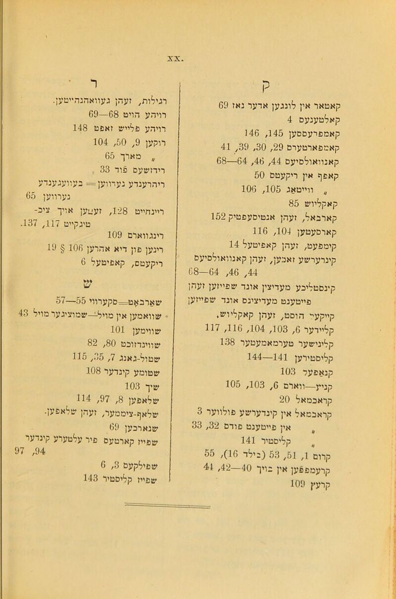 .צ־ג ק קאטאר אץ לונגען אדער נאז 69 קאלטענעם 4 קאמפרעםםען 145, 146 קאמפארטערם 29, 30, 39, 41 קאנװאולםיעם 44, 46, 64—68 קאפף אין ריקעטם 50 ״ ווײטאג 105, 106 קאקלױש 85 קארבאל׳, זעהן אנטיםעפטיק 152 קארםעטען 101, 116 קימפעט, זעהן קאפיטעל 14 קינרערשע זאכען, זעהן קאנװאולםיעם 44, 46, 64—68 קינםטליכע מעדיצין אונד שפײזען זעהן פײטענט מעדיצינם אונד שפײזען קײקעײ הוםט, זעהן קאקלױש. קן׳ײרער 6, 103, 104, 116, 117 קנ׳ינישער טערמאמעטער 138 קליםטירען 141—144 קנאפעד 103 קגײן—װארם 6, 103, 105 קראכמאל׳ 20 קראכמאל אין קינדערשע פולװער 3 אין פײטענט פודם 32, 33 קליםטיר 141 קרום 1, 51, 53 (בילד 16), 55 קרעמפפען אין כויך 40—42, 41 קרעץ 109 ר רגילות, זעהן געװאהנהײטען. רויהע הויט 68—69 רויהע פלײש זאפט 148 רוקען 9, 50, 104 ״ מארך 65 דידזשעם פוד 33 , ריהרענדע נעדװען= בעװעגענדע נערװען 65 רײנהײט 128, זע-.1ען אויך ציכ- טיגקײט 117, 137. רינגװארם 109 רינען פון דיא אהרען 106 § 19 ריקעטם, קאפיטעל 6 שארבאט־=םקערװי 55—57 • שװאמען אין מויל—שמוציגער מויל 43 שװימען 101 שווינדזוכט 80, 82 שטול־גאנג 7, 35, 115 שטומע קינדער 108 שיך 103 שלאפען 8, 97, 114 שלאף-ציממער, זעהן שר׳אפען. שנארכען 69 שפײז קארטעם פיר עלטערע קינדער 94, 97 שפילקעם 3, 6