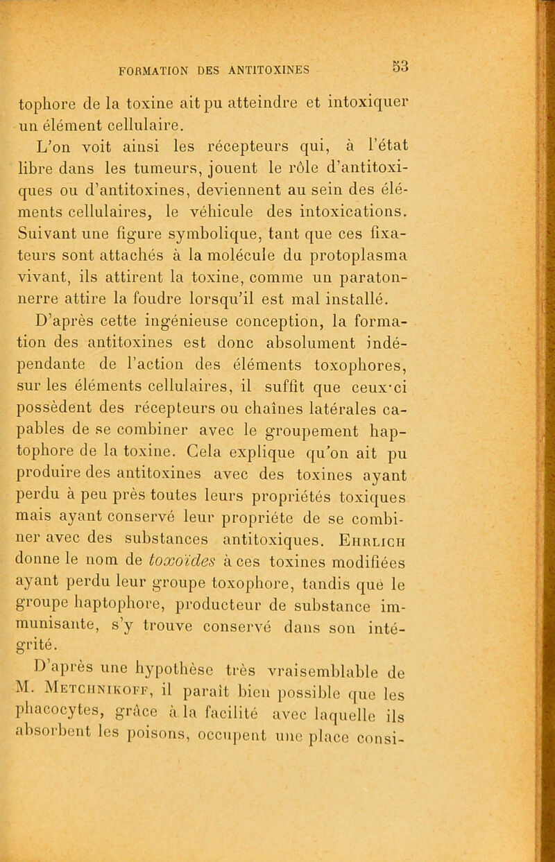 FORMATION DES ANTITOXINES tophore de la toxine ait pu atteindre et intoxiquer un élément cellulaire. L’on voit ainsi les récepteurs qui, à l’état libre dans les tumeurs, jouent le rôle d’antitoxi- ques ou d’antitoxines, deviennent au sein des élé- ments cellulaires, le véhicule des intoxications. Suivant une figure symbolique, tant que ces fixa- teurs sont attachés à la molécule du protoplasma vivant, ils attirent la toxine, comme un paraton- nerre attire la foudre lorsqu’il est mal installé. D’après cette ingénieuse conception, la forma- tion des antitoxines est donc absolument indé- pendante de l’action des éléments toxopliores, sur les éléments cellulaires, il suffit que ceux-ci possèdent des récepteurs ou chaînes latérales ca- pables de se combiner avec le groupement hap- tophore de la toxine. Gela explique qu’on ait pu produire des antitoxines avec des toxines ayant perdu à peu près toutes leurs propriétés toxiques mais ayant conservé leur propriété de se combi- ner avec des substances antitoxiques. Ehrlich donne le nom de toxoïdes à ces toxines modifiées ayant perdu leur groupe toxophore, tandis que le groupe haptophore, producteur de substance im- munisante, s’y trouve conservé dans son inté- grité. D après une hypothèse très vraisemblable de M. Metciinikoff, il parait bien possible que les Iiliacocytes, grâce à la facilité avec laquelle ils absorbent les poisons, occupent une place consi-