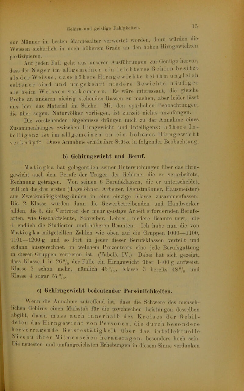 um- Miiniier ini besten Muiinesaltei- verwertet worden, dann wurden die- Weissen sicherlich in noch liölierein (Irade an den liolien 1 liingeAvichten partizipieren. Auf jeden Fall geht aus unseren Ausführungen zur ffenüge hervor, dass der Neger i in allgemeinen ein leichteres (j e h i r n h e s i t z t a 1 s d e r W e i s s e, d a s s h ö h e r e H i r n gewichte hei i h in u n g l e i c h seltener sind und umgekehrt niedere Gewichte häufiger als heim Weissen Vorkommen. Es wäre interessant, die gleiche Probe an anderen niedrig stehenden Rassen zu machen, aber leider lässt uns hier das Material im Stiche Mit den spärlichen Reohachtungen, die über sogen. Naturvölker vorliegen, ist zurzeit nichts anzufangen. Die vorstehenden Ergebnisse drängen mich zu der Annahme eines Zusammenhanges zwischen Hirngewicht und Intelligenz: höhere In- telligenz ist im allgemeinen an ein höheres Hirngewicht verknüpft. Diese Annahme erhält ihre Stütze in folgender Beobachtung.. b) Gehiriigewiclit und Beruf. Matiegka hat gelegentlich seiner Untersuchungen über das Hirn- gewicht auch dem Berufe der Träger der Gehirne, die er verarbeitete,. Rechnung getragen. Von seinen G Berufsklassen, die er unterscheidet., will ich die drei ersten (Tagelöhner, Arbeiter, D.ienstmänner, Hausmeister) aus Zweckmäfsigkeitsgründen in eine einzige Klasse zusammenfassen. Die 2. Klasse würden dann die Gewerbetreibenden und Handwerker bilden, die 3. die Vertreter der mehr geistige Arbeit erfordernden Berufs- arten, wie Geschäftsleute, Schreiber, Lehrer, niedere Beamte usw., die 4. endlich die Studierten und höheren Beamten. Ich habe nun die von Matiegka mitgeteilten Zahlen wie oben auf die Gruppen 1000—1100, 1101 — 1200 g und so fort in jeder dieser Berufsklassen verteilt und sodann ausgerechnet, in welchem Prozentsatz eine jede Berufsgattung in diesen Gruppen vertreten ist. (Tabelle IV.) Dabei hat .sich gezeigt, dass Klasse 1 in 26 “/„ der Fälle ein Hirngewicht über 1400 g aufweist, Klasse 2 schon mehr, nämlich 43 Klasse 3 bereits 48‘^/o und Klasse 4 sogar 57 °/„. c) Gehirngewicht bedeutender Persönlichkeiten. Wenn die Annahme zutreffend ist, dass die Schwere des menscb- lichen Gehirns einen Mafsstab für die psychischen Leistungen desselben abgibt, dann muss auch innerhalb des Kreises der Gebil- deten das Hirngewicht von Personen, die durch besondere hervorragende G e i s t e s t jL t i g k e i t über das intellektuelle Niveau ihrer Mitmenschen h e r a u s r a g e n. besonders hoch sein. Die neuesten und umfangreichsten Erhebungen in diesem Sinne verdanken