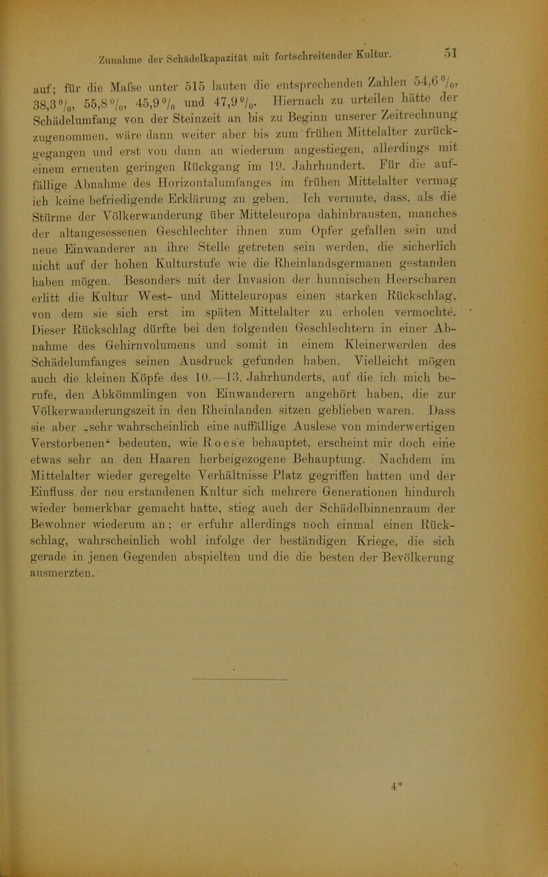 r Zimfihmo dov SchiUlclkapazitKt mit fortschreitender Kultur. ol auf; für die Mafse unter 515 lauten die entsjirechenden Zahlen 54,6 38,3 ®/o, 55,8 «/o, 45,90/0 und 47,9 «/o- Hiernach zu urteilen hätte der Schädelumfang- von der Steinzeit an bis zu Beginn unserer Zeitrechnung zngenoininen. wäre dann weiter aber bis zum frühen Mittelalter zurück- gegangen und erst von dann an wiederum angestiegen, allerdings mit einem erneuten geringen Rückgang im 19. Jahrhundert. Für die auf- fällige Abnahme des Horizontalumfanges ini frühen Mittelalter vermag ich keine befriedigende Erklärung zu geben. Ich vermute, dass, als die Stürme der Völkerwanderung über Mitteleuropa dahinbrausten, manches der altangesessenen Geschlechter ihnen zum Opfer gefallen sein und neue Einwanderer an ihre Stelle getreten sein werden, die sicherlich nicht auf der hohen Kulturstufe wie die Rheinlandsgermanen gestanden haben mögen. Besonders mit der Invasion der hunnischen Heerscharen erlitt die Kultur West- und Mitteleuropas einen starken Rückschlag, von dem sie sich erst im späten Mittelalter zu erholen vermochte. Dieser Rückschlag dürfte bei den folgenden Geschlechtern in einer Ab- nahme des Gehirn Volumens und somit in einem Kleinerwerden des Schädelumfanges seinen Ausdruck gefunden haben. Vielleicht mögen auch die kleinen Köpfe des 10.—13. Jahrhunderts, auf die ich mich be- rufe, den Abkömmlingen von Einwanderern angehört haben, die zur Völkerwanderungszeit in den Rheinlanden sitzen geblieben waren. Dass sie aber „sehr wahrscheinlich eine auffällige Auslese von minderwertigen Verstorbenen“ bedeuten, wieRoes'e behauptet, erscheint mir doch eine etwas sehr an den Haaren herbeigezogene Behauptung. Nachdem im Mittelalter wieder geregelte Verhältnisse Platz gegriffen hatten und der Einfluss der neu erstandenen Kultur sich mehrere Generationen hindurch Avieder bemerkbar gemacht hatte, stieg auch der Schädelbinnenraum der Bewohner wiederum an; er erfuhr allerdings noch einmal einen Rück- schlag, Avahrscheinlich Avohl infolge der beständigen Kriege, die sich gerade in jenen Gegenden abspielten und die die besten der Bevölkerung ausmerzten. i* 4A