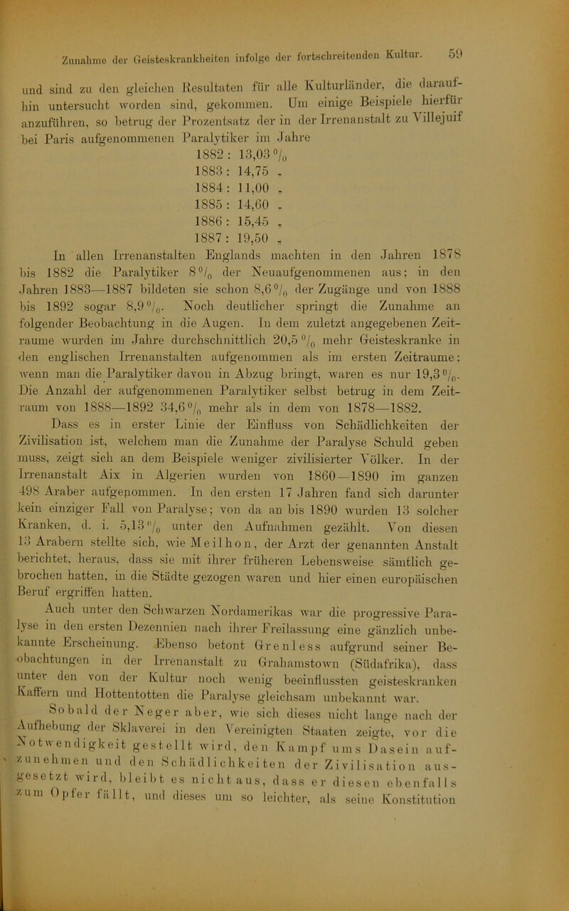 1883 1884 1885 1886 1887 ; bis ln allen 1882 die und sind zu den gleichen Resultaten für alle Kulturländer, die daiauf- hin untersucht worden sind, gekonnnen. Um einige Beispiele hieifüi anzuführen, so betrug der Prozentsatz der in der Irrenanstalt zu V illejuif bei Paris aufgenominenen Paralytiker im Jahre 1882: 13,03 0/,, 14,75 . 11,00 , 14,60 . 15,45 , 19,50 , Irrenanstalten Englands machten in den Jahren 1878 Paralytiker 8 0/„ der Neuaufgenommenen aus; in den Jahren 1883—1887 bildeten sie schon 8,6 o/„ der Zugänge und von 1888 bis 1892 sogar 8,9 o/„. Noch deutlicher springt die Zunahme an folgender Beobachtung in die Augen. In dem zuletzt angegebenen Zeit- räume wurden im Jahre durchschnittlich 20,5 o/^ mehr Geisteskranke in den englischen Irrenanstalten aufgenommen als im ersten Zeiträume; wenn man die Paralytiker davon in Abzug bringt, waren es nur 19,3 o/^,. Die Anzahl der aufgenommeneu Paralytiker selbst betrug in dem Zeit- raum von 1888—1892 34,6 o/^ mehr als in dem von 1878—1882. Dass es in erster Linie der Einfluss von Schädlichkeiten der Zivilisation ist, welchem man die Zunahme der Pai*alyse Schuld geben muss, zeigt sich an dem Beispiele weniger zivilisierter Volker. In der Irrenanstalt Aix in Algerien Avurden von 1860 — 1890 im ganzen 498 Araber autgepommen. In den ersten 17 Jahren fand sich darunter kein einziger Fall von Paralyse; von da an bis 1890 Avurden 13 solcher Kranken, d. i. 5,13 /q unter den Aufnahmen gezählt. Von diesen 13 Arabern stellte sich, AAueMeilhon, der Arzt der genannten Anstalt belichtet, heraus, dass .sie mit ihrer früheren LebensAA^eise sämtlich ge- brochen hatten, in die Städte gezogen AA'aren und hier einen europäischen Beruf ergriffen hatten. Auch unter den ScliAvarzen Nordamerikas war die progressiA’e Para- lyse in den eisten Dezennien nach ihrer Freilassung eine gänzlich unbe- kannte Erscheinung. Ebenso betont Grenless aufgrund seiner Be- obachtungen in der Irrenanstalt zu GrahamstoAvn (Südafrika), dass untei den von der Kultur noch Avenig beeinflussten geisteskranken Kaffem und Hottentotten die Paralyse gleichsam unbekannt war. Sobald der Neger aber, wie sich dieses nicht lange nach der Aufhebung der Sklaverei in den Vereinigten Staaten zeigte, vor die Notwendigkeit gestellt wird, den Kampf ums Dasein auf- z u n e h in e 11 und den Schädlichkeiten der Zivilisation a u s - gesetzt wird. bleil)t es nicht aus, dass er diesen ebenfalls .zum Op fei filllt, und dieses um .so leichter, als seine Konstitution