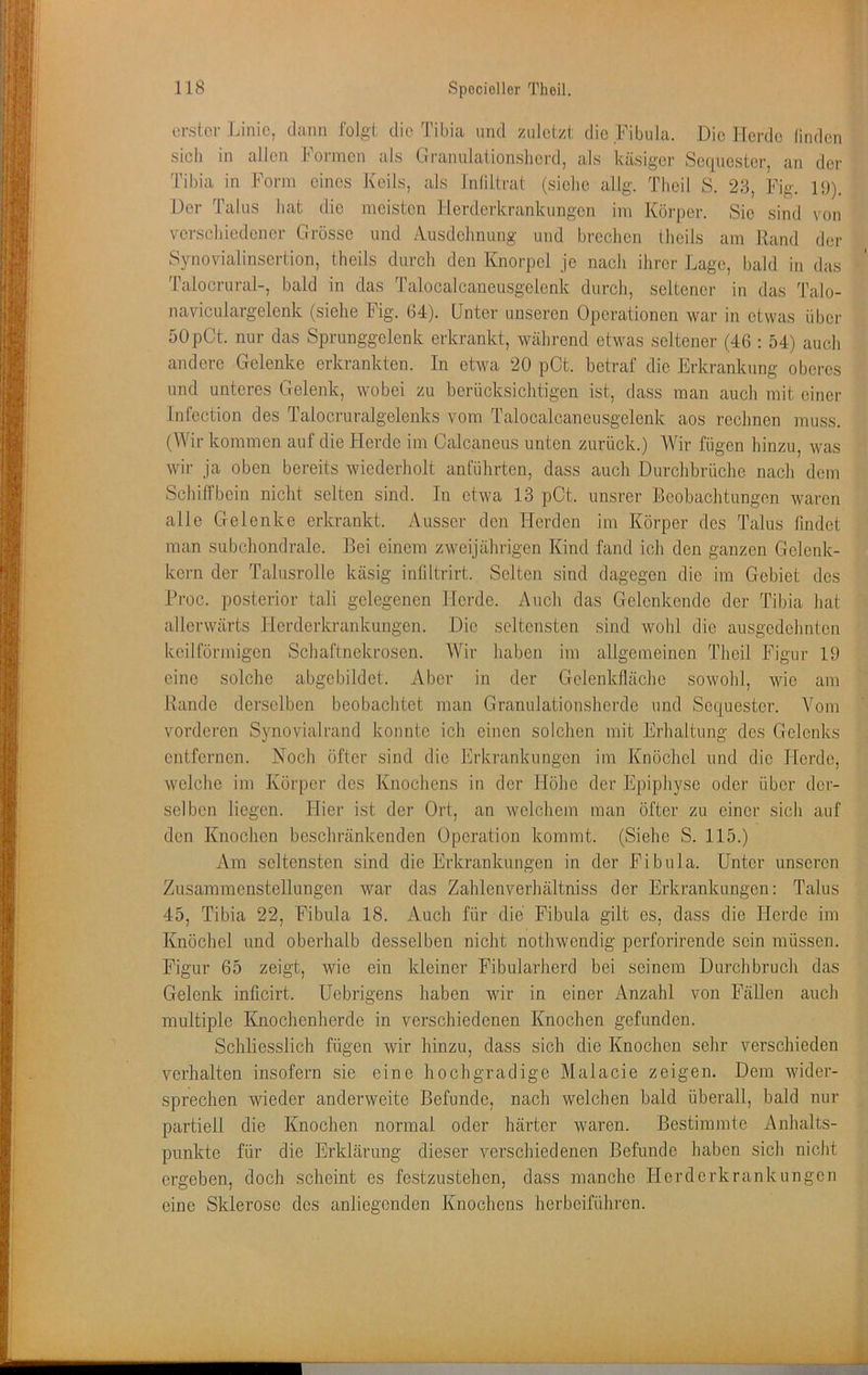 or.slor Linie, climn Iblgi, die Tibia und zuletzt die Fibula. Die Herde linden sich in allen Formen als Granulation.shcrd, als käsiger Sequester, an der Tibia in Form eines Keils, als Inliltrat (siche allg. Theil S. 28, Fig. 19). Der Talus hat die meisten Herderkrankungen im Körper. Sic sind von vcrscliiedencr Grosse und Ausdehnung und brechen theils am Rand der Synovialinscrtion, theils durch den Knorpel je nach ihrer Lage, bald in das Talocrural-, bald in das Talocalcaneusgelenk durch, seltener in das Talo- naviculargelenk (siehe Fig. 64). Unter unseren Operationen war in etwas über 50pCt. nur das Sprunggclenk erkrankt, während etwas seltener (46 ; 54) auch andere Gelenke erkrankten. In etwa 20 pCt. betraf die Erkrankung oberes und unteres Gelenk, wobei zu berücksichtigen ist, dass man auch mit einer Infection des Talocruralgelenks vom Talocalcaneusgelenk aos rechnen muss. (Wir kommen auf die Herde im Calcaneus unten zurück.) Wir fügen hinzu, was wir ja oben bereits wiederholt anführten, dass auch Durchbrüche nach dem SchiTbein nicht selten sind. In etwa 13 pCt. unsrer Beobachtungen waren alle Gelenke erkrankt. Ausser den Flerden im Körper des Talus findet man subchondrale. Bei einem zweijährigen Kind fand ich den ganzen Gelenk- kern der Talusrolle käsig infiltrirt. Selten sind dagegen die im Gebiet des Proc. posterior tali gelegenen Herde. Auch das Gelcnkende der Tibia hat allervvärts Herderkrankungen. Die seltensten sind wohl die ausgedehnten keilförmigen Schaftnekrosen. Wir haben im allgemeinen Theil Figur 19 eine solche abgebildet. Aber in der Gelenkfläche sowohl, wie am Rande derselben beobachtet man Granulatiomsherde und Sequester. Vom vorderen Synovialrand konnte ich einen solchen mit Erhaltung des Gelenks entfernen. Noch öfter sind die Erkrankungen im Knöchel und die Herde, welche im Körper des Knochens in der Höhe der Epiphyse oder über der- selben liegen. Hier ist der Ort, an welchem man öfter zu einer sich auf den Knochen beschränkenden Operation kommt. (Siehe S. 115.) Am seltensten sind die Erkrankungen in der Fibula. Unter unseren Zusammenstellungen war das Zahlenverhältniss der Erkrankungen: Talus 45, Tibia 22, Fibula 18. Auch für die Fibula gilt es, dass die Herde im Knöchel und oberhalb desselben nicht nothwendig perforirende sein müssen. Figur 65 zeigt, wie ein kleiner Fibularherd bei seinem Durchbruch das Gelenk inficirt. Uebrigens haben wir in einer Anzahl von Fällen auch multiple Knochenherde in verschiedenen Knochen gefunden. Schliesslich fügen wir hinzu, dass sich die Knochen sehr verschieden verhalten insofern sie eine hochgradige Malacie zeigen. Dem wider- sprechen wieder anderweite Befunde, nach welchen bald überall, bald nur partiell die Knochen normal oder härter waren. Bestimmte Anhalts- punkte für die Erklärung dieser verschiedenen Befunde haben sich niclit ergeben, doch scheint es festzustehen, dass manche Herd erkranken gen eine Sklerose dos anliegenden Knochens herbeiführen.