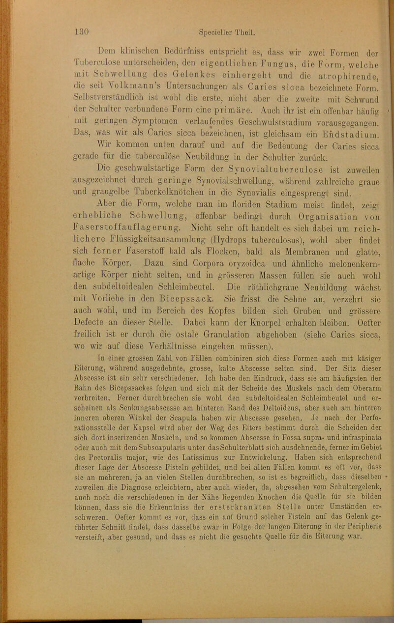 Dem klinischen P)crliirfniss cntspriclit es, dass wir zwei Formen der Tuherculose nntersclieideii, den eigentlichen Fungus, die Form, welclie mit ScJiwel lang des Gelenkes einhergeht und die atrophirende, die seit Volkmann s Untersuchungen als Caries sicca bezeichnetc Form. Selbstverständlich ist wohl die erste, nicht aber die zweite mit Schwund der Schulter verbundene lorm eine primäre. Auch ihr ist ein oirenbar häulig mit gelängen Symptomen verlaufendes Geschwulststadium vorau.sgegangen. Das, was wir als Caries sicca bezeichnen, ist gleichsam ein Ehdstadium. Wir kommen unten darauf und auf die Bedeutung der Caries sicca gerade für die tuberculöse Neubildung in der Schulter zurück. Die geschwulstartige Form der Synovialtuherculose ist zuweilen ausgezeichnet durch geringe Synovialschwellung, während zahlreiche graue und graugelbe Tuberkelknötchen in die Synovialis eingesprengt sind. Aber die Form, welche man im floriden Stadium meist findet, zeigt erhebliche Schwellung, offenbar bedingt durch Organisation von Faserstoffauflagerung. Nicht sehr oft handelt es sich dabei um reich- lichere Flüssigkeitsansammlung (Hydrops tuberculosus), wohl aber findet sich ferner Faserstoff bald als Flocken, bald als Membranen und glatte, flache Körper. Dazu sind Corpora oryzoidea und ähnliche melonenkern- artige Körper nicht selten, und in grösseren Massen füllen sie auch wohl den subdeltoidealen Schleimbeutel. Die röthlichgraue Neubildung wach,st mit Vorliebe in den Bicepssack. Sie frisst die Sehne an, verzehrt sie auch wohl, und im Bereich des Kopfes bilden sich Gruben und grössere Defecte an dieser Stelle. Dabei kann der Knorpel erhalten bleiben. Oefter freilich ist er durch die ostale Granulation abgehoben (siehe .Caries sicca, wo wir auf diese Verhältnisse eingehen müssen). In einer grossen Zahl von Fällen combiniren sich diese Formen auch mit käsiger Eiterung, während ausgedehnte, grosse, kalte Abscesse selten sind. Der Sitz dieser Abscesse ist ein sehr verschiedener. Ich habe den Eindruck, dass sie am häufigsten der Bahn des Bicepssackes folgen und sich mit der Scheide des Muskels nach dem Oberarm verbreiten. Ferner durchbrechen sie wohl den subdeltoidealen Schleimbeutel und er- scheinen als Senkungsabscesse am hinteren Rand des Deltoideus, aber auch am hinteren inneren oberen Winkel der Scapula haben wir Abscesse gesehen. Je nach der Perfo- rationsstelle der Kapsel wird aber der Weg des Eiters bestimmt durch die Scheiden der sich dort inserirenden Muskeln, und so kommen Abscesse in Fossa supra- und infraspinata oder auch mit demSubscapularis unter das Schulterblatt sich ausdehnende, ferner im Gebiet des Pectoralis major, wie des Latissimus zur Entwickelung. Haben sich entsprechend dieser Lage der Abscesse Fisteln gebildet, und bei alten Fällen kommt es oft vor, dass sie an mehreren, ja an vielen Stellen durchbrechen, so ist es begreiflich, dass dieselben zuweilen die Diagnose erleichtern, aber auch wieder, da, abgesehen vom Schultergelenk, auch noch die verschiedenen in der Nähe liegenden Knochen die Quelle für sie bilden können, dass sie die Erkenntniss der ersterkrankten Stelle unter Umständen er- schweren. Oefter kommt es vor, dass ein auf Grund solcher Fisteln auf das Gelenk ge- führter Schnitt findet, dass dasselbe zwar in Folge der langen Eiterung in der Peripherie versteift, aber gesund, und dass es nicht die gesuchte Quelle für die Eiterung war.