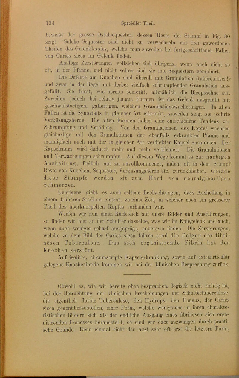 beweist der grosse Ostaisequester, dessen Reste der Stumpf in Fig. 8Ü zeigt. Solclie Sequester sind nicht zu verwecliseln mit frei gewordenen TJieilcn des Gelenkkopfes, welclie man zuweilen bei fortgeschrittenen Fällen von Caries sicca ira Gelenk findet. Analoge Zerstörungen vollziehen sicli übrigens, wenn auch nicht so oft, in der Pfanne, und nicht selten sind sie mit Sequestern combinirt. Die Defecte am Knochen sind überall mit Granulation (tuberculöser!)’ und zwar in der Regel mit derber vielfacli schrumpfender Granulation aus- gefüllt. Sie frisst, wie bereits bemerkt, allmählich die Bicepsselme auf. Zuweilen jedoch bei relativ jungen Formen ist das Gelenk ausgefüllt mit geschwulstartigen, gallertigen, weichen Granulationswucherungen. In allen Fällen ist die Synovialis in gleicher Art erkrankt, zuweilen zeigt sie isolirte Verkcäsungsherde. Die alten Formen haben eine entschiedene Tendenz zur Schrumpfung und Verödung. Von den Granulationen des Kopfes wachsen gleichartige mit den Granulationen der ebenfalls erkrankten Pfanne und mannigfach auch mit der in gleicher Art verdickten Kapsel zusammen. Der Kapselraum wird dadurch mehr und mehr verkleinert. Die Granulationen und Verwachsungen schrumpfen. Auf diesem Wege kommt es zur narbigen Ausheilung, freilich nur zu unvollkommener, indem oft in dem Stumpf Reste von Knochen, Sequester, Verkäsungsherde etc. Zurückbleiben. Gerade diese Stümpfe werden oft zum Herd von neuralgieartigcn Schmerzen. üebrigens giebt es auch seltene Beobachtungen, dass Ausheilung in einem früheren Stadium eintrat, zu einer Zeit, in welcher noch ein grösserer Theil des überknorpelten Kopfes vorhanden war. Werfen wir nun einen Rückblick auf unsre Bilder und Ausführungen, so finden wir hier an der Schulter dasselbe, was wir im Kniegelenk und auch, wenn auch weniger scharf ausgeprägt, anderswo finden. Die Zerstörungen, welche zu dem Bild der Caries sicca führen sind die Folgen der fibri- nösen Tuberculose. Das sich organisirende Fibrin hat den Knochen zerstört. Auf isolirte, circumscripte Kapselerkrankung, sowie auf extraarticulär gelegene Knochenherde kommen wir bei der klinischen Besprechung zurück. Obwohl es, wie wir bereits oben besprachen, logisch nicht richtig ist, bei der Betrachtung der klinischen Erscheinungen der Schultertuberculose, die eigentlich lloride Tuberculose, den Hydrops, den Fungus, der Caries sicca gegenüberzustellen, einer Form, welche wenigstens in ihren charakte- ristischen Bildern sich als der endliche Ausgang eines fibrinösen sich orga- nisirenden Processes herausstellt, so sind wir dazu gezwungen durch practi- sche Gründe. Denn einmal sieht der Arzt sehr oft erst die letztere Form,