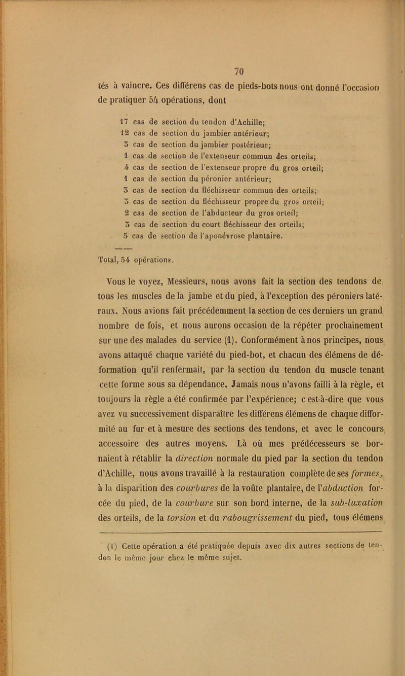 iés à vaincre. Ces diOérens cas de pieds-bots nous ont donné l’occasion de pratiquer 54 opérations, dont 17 cas de section du tendon d’Achille; 12 cas de section du jambier antérieur; 5 cas de section du jambier postérieur; 1 cas de section de l’extenseur commun des orteils; 4 cas de section de l'extenseur propre du gros orteil; 1 cas de section du péronier antérieur; 5 cas de section du fléchisseur commun des orteils; 3 cas de section du fléchisseur propre du gros orteil; 2 cas de section de l’abducteur du gros orteil; 3 cas de section du court fléchisseur des orteils; 5 cas de section de l’aponévrose plantaire. Total, 54 opérations. Vous le voyez. Messieurs, nous avons fait la section des tendons de tous les muscles delà jambe et du pied, à l’exception des péroniers laté- raux. Nous avions fait précédemment la section de ces derniers un grand nombre de fois, et nous aurons occasion de la répéter prochainement sur une des malades du service (1). Conformément à nos principes, nous avons attaqué chaque variété du pied-bot, et chacun des élémens de dé- formation qu’il renfermait, par la section du tendon du muscle tenant cette forme sous sa dépendance. Jamais nous n’avons failli à la règle, et toujours la règle a été confirmée par l’expérience; c est-à-dire que vous avez vu successivement disparaître les diflérens élémens de chaque diffor- mité au fur et à mesure des sections des tendons, et avec le concours accessoire des autres moyens. Là où mes prédécesseurs se bor- naient à rétabUr la direction normale du pied par la section du tendon d’Achille, nous avons travaillé à la restauration complète de ses formes, à la disparition des courbures de la voûte plantaire, de \'abduction for- cée du pied, de la courbure sur son bord interne, de la sub-Luxation des orteils, de la torsion et du rabougrissement du pied, tous élémens (1) Celle opération a été pratiquée depuis avec dix autres sections de ten- don le même jour chez le meme sujet.