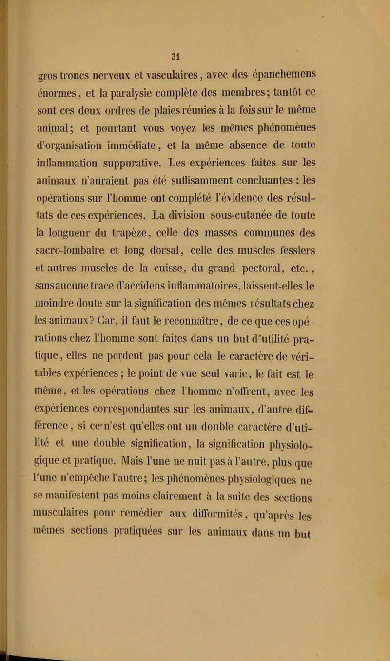 I gros troncs nerveux et \asculaires, avec des épanchemens I énormes, et la paralysie complète des membres ; tantôt ce f sont ces deux ordres de plaies réunies à la fois sur le même t animal; et pourtant vous voyez les mêmes phénomènes |i d’organisation immédiate, et la même absence de toute f inflammation suppurative. Les expériences faites sur les H animaux n’auraient pas été suflisamment concluantes : les I opérations sur l’homme ont complété l’évidence des résul- > tats de ces expériences. La division sous-cutanée de toute ^ la longueur du trapèze, celle des masses communes des ' sacro-lombaire et long dorsal, celle des muscles fessiers V et autres muscles de la cuisse, du grand pectoral, etc., • ; sans aucune trace d’accidens inflammatoires, laissent-elles le ; ' moindre doute sur la signification des mêmes résultats chez ' les animaux? Car, il faut le reconnaître, de ce que ces opé ; rations chez l’homme sont faites dans un but d’utilité pra- tique , elles ne perdent pas pour cela le caractère de véri- tables expériences ; le point de vue seul varie, le fait est le même, et les opérations chez l’homme n’offrent, avec les expériences correspondantes sur les animaux, d’autre dif- férence , si ce*n’est qu’elles ont un double caractère d’uti- lité et une double signification, la signification physiolo- gique et pratique. Mais l’uue ne nuit pas à l’autre, plus que l’une n’empêche l’autre; les phénomènes physiologiques ne se manifestent pas moins clairement à la suite des sections musculaires pour remédier aux difformités, qu’après les I mêmes sections pratiquées sur les animaux dans un but I