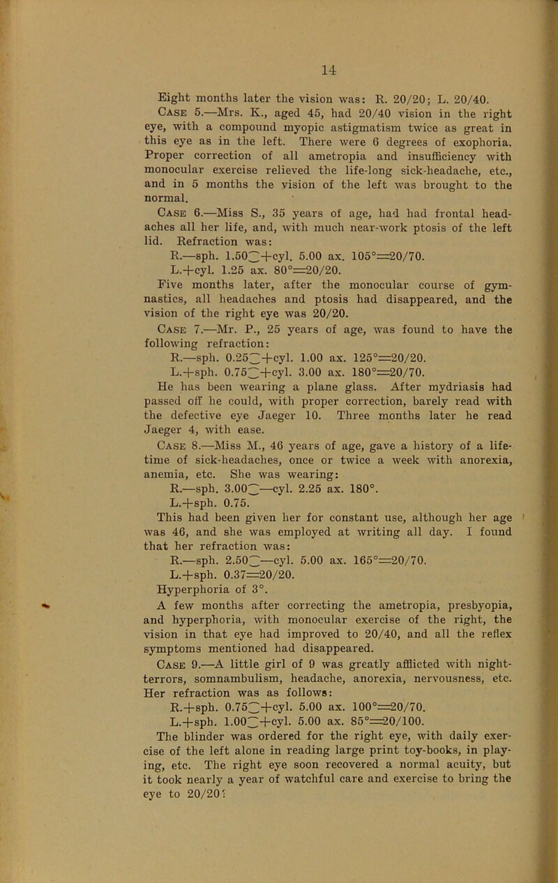Eight months later the vision was: R. 20/20; L. 20/40. Case 5.—Mrs. K., aged 45, had 20/40 vision in the right eye, with a compound myopic astigmatism twice as great in this eye as in the left. There were 6 degrees of exophoria. Proper correction of all ametropia and insufficiency with monocular exercise relieved the life-long sick-headache, etc., and in 5 months the vision of the left was brought to the normal. Case 6.—Miss S., 35 years of age, had had frontal head- aches all her life, and, with much near-work ptosis of the left lid. Refraction was: R.—sph. 1.50;3+cyl. 5.00 ax. 105°=20/70. L.+cyl. 1.25 ax. 80°=20/20. Five months later, after the monocular course of gym- nastics, all headaches and ptosis had disappeared, and the vision of the right eye was 20/20. Case 7.—Mr. P., 25 years of age, was found to have the following refraction: R.—sph. 0.253+cyl. 1.00 ax. 125°=:20/20. L.-fsph. 0.753+cyl. 3.00 ax. 180°=20/70. He has been wearing a plane glass. After mydriasis had passed off he could, with proper correction, barely read with the defective eye Jaeger 10. Three months later he read Jaeger 4, with ease. Case 8.—Miss M., 46 years of age, gave a history of a life- time of sick-headaehes, once or twice a week with anorexia, anemia, etc. She was wearing: R.—sph. 3.003—2.25 ax. 180°. L.+sph. 0.75. This had been given her for constant use, although her age ' was 46, and she was employed at writing all day. I found that her refraction was: R.—sph. 2.503—cyl. 5.00 ax. 165°=20/70. L.+sph. 0.37=20/20. Hyperphoria of 3°. ^ A few months after correcting the ametropia, presbyopia, and hyperphoria, with monocular exercise of the right, the vision in that eye had improved to 20/40, and all the reflex symptoms mentioned had disappeared. Case 9.—A little girl of 9 was greatly afflicted with night- terrors, somnambulism, headache, anorexia, nervousness, etc. Her refraction was as follows: R.+sph. 0.753+cyl. 5.00 ax. 100°=20/70. L.+sph. 1.003+cyl. 5.00 ax. 85°=20/100. The blinder was ordered for the right eye, with daily exer- cise of the left alone in reading large print toy-books, in play- ing, etc. The right eye soon recovered a normal acuity, but it took nearly a year of watchful care and exercise to bring the eye to 20/20: