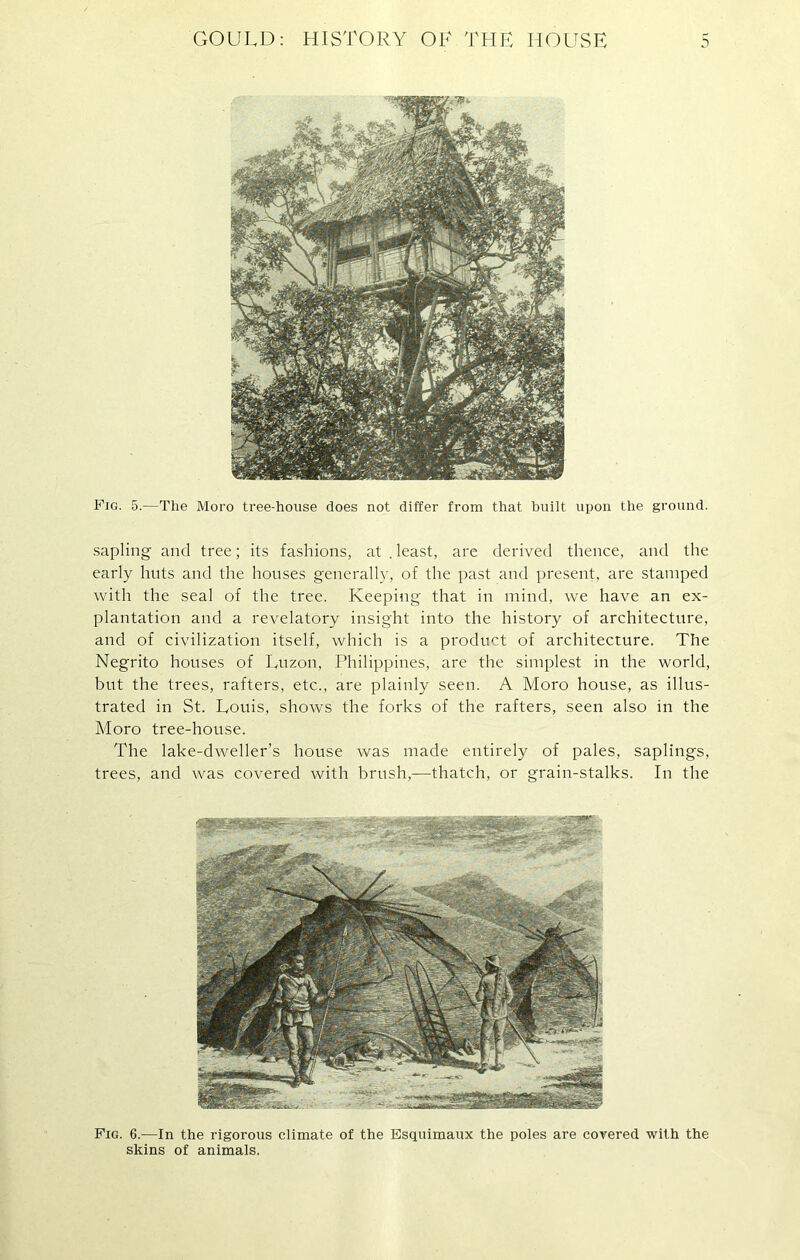 Fig. 5.—The Moro tree-house does not differ from that built upon the ground. sapling and tree; its fashions, at . least, are derived thence, and the early huts and the houses generally, of the past and present, are stamped with the seal of the tree. Keeping that in mind, we have an ex- plantation and a revelatory insight into the history of architecture, and of civilization itself, which is a product of architecture. The Negrito houses of Luzon, Philippines, are the simplest in the world, but the trees, rafters, etc., are plainly seen. A Moro house, as illus- trated in St. Louis, shows the forks of the rafters, seen also in the Moro tree-house. The lake-dweller’s house was made entirely of pales, saplings, trees, and was covered with brush,-—thatch, or grain-stalks. In the Fig. 6.—In the rigorous climate of the Esquimaux the poles are covered wit h the skins of animals.