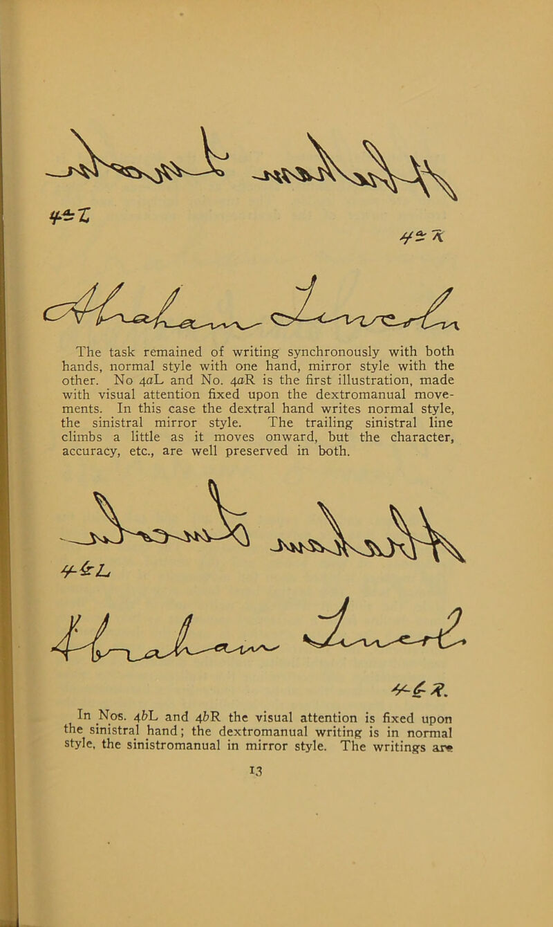 \ The task remained of writing synchronously with both hands, normal style with one hand, mirror style with the other. No 4<zL and No. 4&R is the first illustration, made with visual attention fixed upon the dextromanual move- ments. In this case the dextral hand writes normal style, the sinistral mirror style. The trailing sinistral line climbs a little as it moves onward, but the character, accuracy, etc., are well preserved in both. In Nos. 4^L and 4bR the visual attention is fixed upon the sinistral hand; the dextromanual writing is in normal style, the sinistromanual in mirror style. The writings are