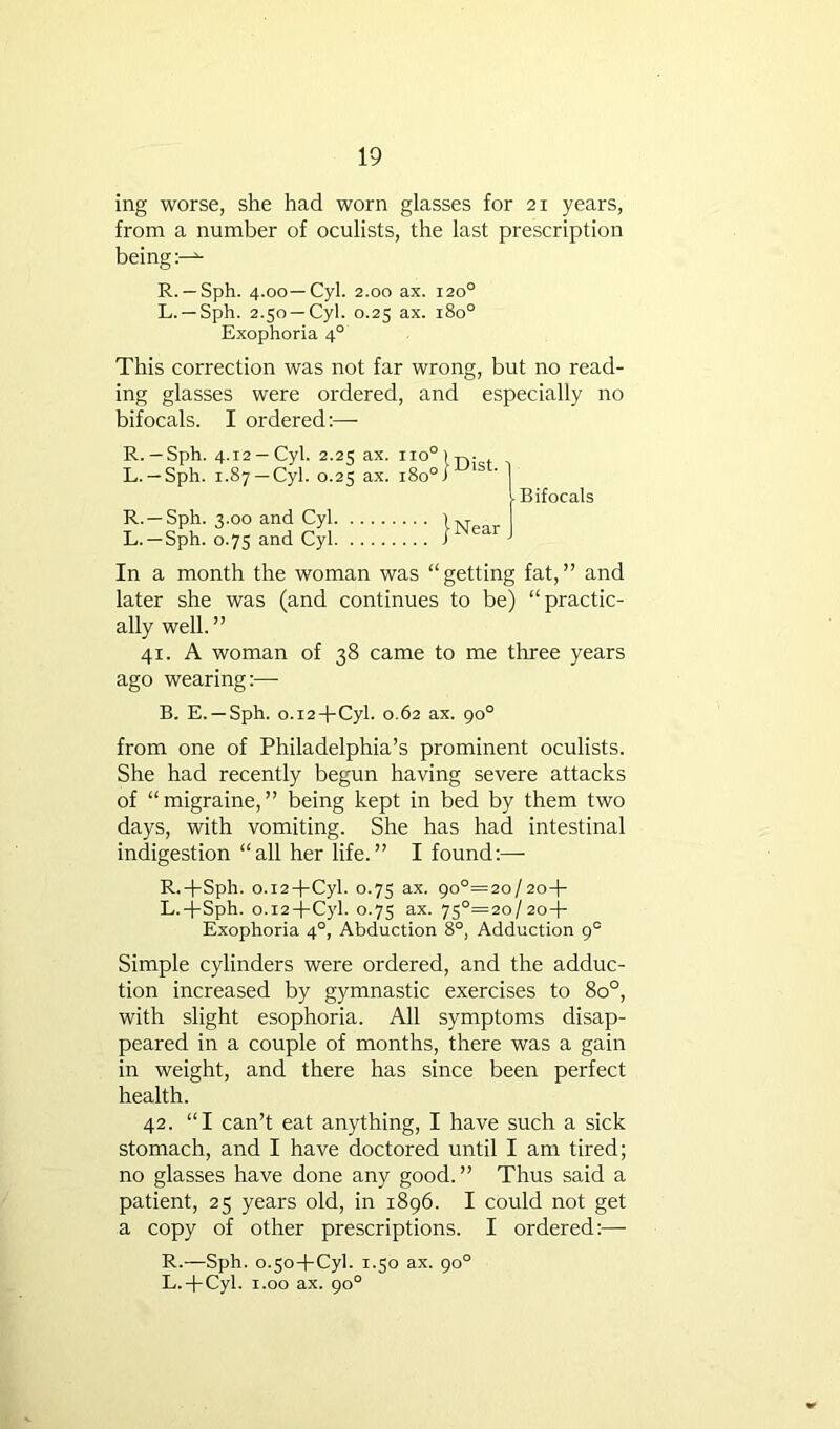 ing worse, she had worn glasses for 21 years, from a number of oculists, the last prescription being R. —Sph. 4.00—Cyl. 2.00 ax. 120° L. —Sph. 2.50 —Cyl. 0.25 ax. 180° This correction was not far wrong, but no read- ing glasses were ordered, and especially no bifocals. I ordered:— R. — Sph. 4.12 — Cyl. 2.25 ax. 110° 1 . L. —Sph. 1.87 —Cyl. 0.25 ax. 180° In a month the woman was “getting fat,” and later she was (and continues to be) “practic- ally well.” 41. A woman of 38 came to me three years ago wearing:— B. E. —Sph. o.i2TCyl. 0.62 ax. 90° from one of Philadelphia’s prominent oculists. She had recently begun having severe attacks of “migraine,” being kept in bed by them two days, with vomiting. She has had intestinal indigestion “all her life.” I found:— R.-f-Sph. o.i2-(-Cyl. 0.7s ax. 9o°=2o/2o-l- L.-j-Sph. o.i2-(-Cyl. 0.75 ax. 75°=2o/2o-j- Exophoria 4°, Abduction 8°, Adduction 9° Simple cylinders were ordered, and the adduc- tion increased by gymnastic exercises to 80°, with slight esophoria. All symptoms disap- peared in a couple of months, there was a gain in weight, and there has since been perfect health. 42. “I can’t eat anything, I have such a sick stomach, and I have doctored until I am tired; no glasses have done any good.” Thus said a patient, 25 years old, in 1896. I could not get a copy of other prescriptions. I ordered:— R.—Sph. 0.50+Cyl. 1.50 ax. 90° L.-pCyl. 1.00 ax. 90° Exophoria 4° L. — Sph. 0.75 and Cyl. Bifocals