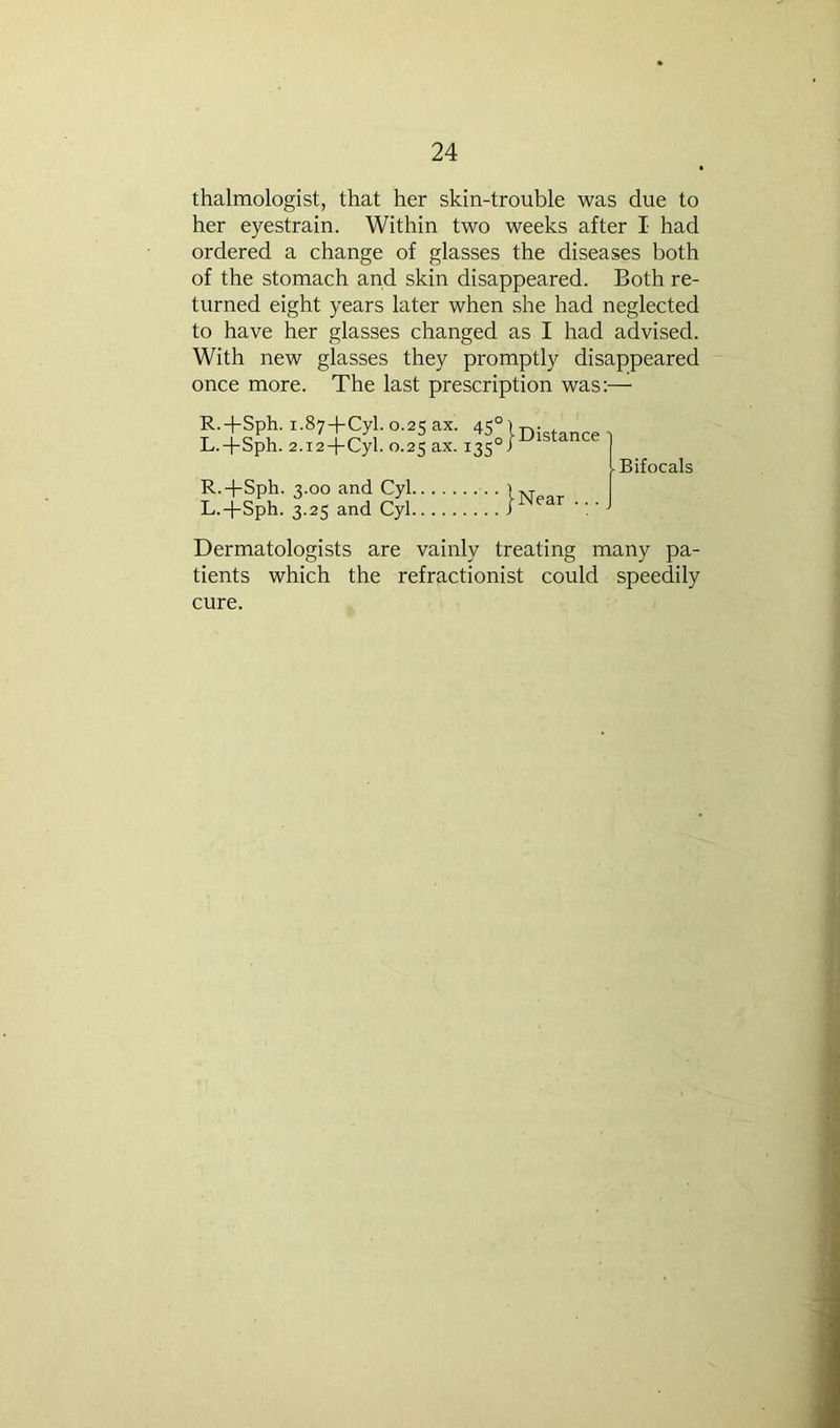 thalmologist, that her skin-trouble was due to her eyestrain. Within two weeks after I had ordered a change of glasses the diseases both of the stomach and skin disappeared. Both re- turned eight years later when she had neglected to have her glasses changed as I had advised. With new glasses they promptly disappeared once more. The last prescription was:— R.-f-Sph. 1.87-l-Cyl. 0.25 ax. 45° L.-l-Sph. 2.i2-|-Cyl. 0.25 ax. 135° I Distance R.-|-Sph. 3.00 and Cyl. L.-j-Sph. 3.25 and Cyl. jNear ... Bifocals Dermatologists are vainly treating many pa- tients which the refractionist could speedily cure.