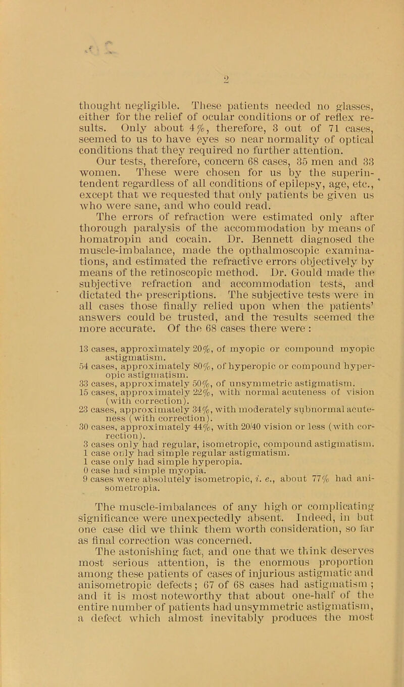 either for the relief of ocular conditions or of reflex re- sults. Only about 4^, therefore, 3 out of 71 cases, seemed to us to have eyes so near normality of optical conditions that they required no further attention. Our tests, therefore, concern 68 cases, 35 men and 33 women. These were chosen for us by the superin- tendent regardless of all conditions of epilepsy, age, etc., * except that we requested that only patients be given us who were sane, and who could read. The errors of refraction were estimated only after thorough paralysis of the accommodation by means of homatropin and cocain. Dr. Bennett diagnosed the muscle-imbalance, made the opthalmoscopic examina- tions, and estimated the refractive errors objectively by means of the retinoscopic method. Dr. Gould made the subjective refraction and accommodation tests, and dictated the prescriptions. The subjective tests were in all cases those finally relied upon when the patients’ answers could be trusted, and the results seemed the more accurate. Of the 68 cases there were : 13 cases, approximately 20%, of myopic or componiid myopic astigmatism. 54 cases, approximately 80%, of hyperopic or compound hy])er- opic astigmatism. 33 cases, ai)proximately 50%, of unsymmetric astigmatism. 15 cases, approximately 22%, with normal acuteness of vision (witli correction). 23 cases, approximately 34%, with moderately sijbnormal acute- ness (with correction). 30 cases, approximately 44%, with 20/40 vision or less (with cor- rection). 3 cases only had regular, isometropic, compound astigmatism. 1 case only had simple regular astigmatism. 1 case only had simple hyperopia. 0 case had simple myopia. 9 cases were absolutely isometropic, i. e., about 77% had ani- sometropia. The muscle-imbalances of any high or complicating significance were unexpectedly absent. Indeed, in but one case did we think them worth consitleration, so far as final correction was concerned. The astonishing fact, and one that we think deserves most serious attention, is the enormous proportion among these patients of cases of injurious astigmatic and anisometropic defects; 67 of 68 cases had astigmatism ; and it is most noteworthy that about one-half of the entire number of patients had unsymmetric astigmatism, a defect which almost inevitably produces the most