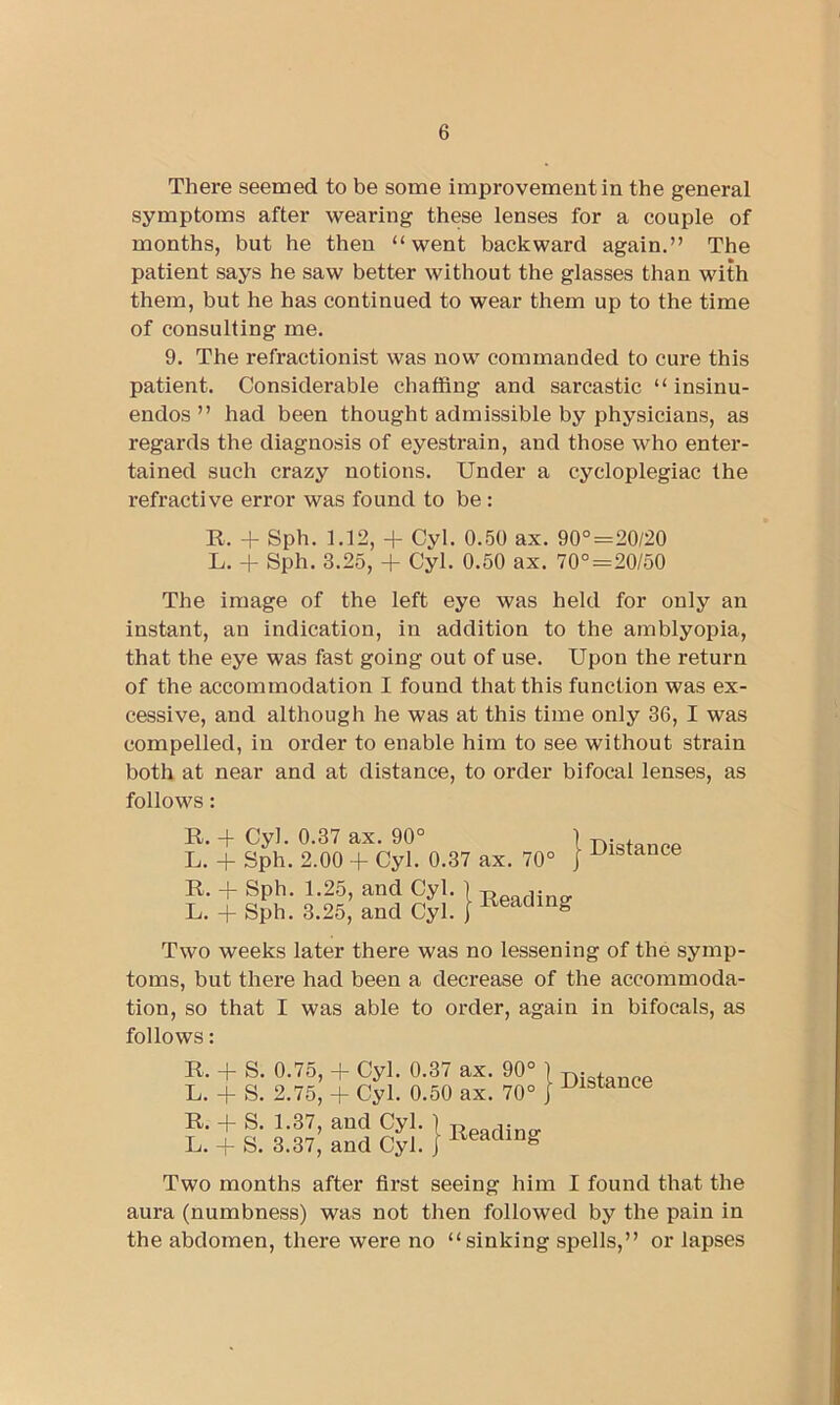 There seemed to be some improvement in the general symptoms after wearing these lenses for a couple of months, but he then “went backward again.” The patient says he saw better without the glasses than with them, but he has continued to wear them up to the time of consulting me. 9. The refractionist was now commanded to cure this patient. Considerable chaffing and sarcastic “ insinu- endos ” had been thought admissible by physicians, as regards the diagnosis of eyestrain, and those who enter- tained such crazy notions. Under a cycloplegiac the refractive error was found to be : R. + Sph. 1.12, 4- Cyl. 0.50 ax. 90°=20/20 L. + Sph. 3.25, + Cyl. 0.50 ax. 70°=20/50 The image of the left eye was held for only an instant, an indication, in addition to the amblyopia, that the eye was fast going out of use. Upon the return of the accommodation I found that this function was ex- cessive, and although he was at this time only 36, I was compelled, in order to enable him to see without strain both at near and at distance, to order bifocal lenses, as follows: R. -f Cyl. 0.37 ax. 90° L. -t- Sph. 2.00 + Cyl. 0.37 ax. 70° R. + Sph. 1.25, and Cyl L. + Sph. 3.25, and Cyl [ Reading Distance Two weeks later there was no lessening of the symp- toms, but there had been a decrease of the accommoda- tion, so that I was able to order, again in bifocals, as follows: R. + S. 0.75, + Cyl. 0.37 ax. 90° L. -4 S. 2.75, + Cyl. 0.50 ax. 70° R. -f S. 1.37, and Cyl. L. 4- S. 3.37, and Cyl. Reading Distance Two months after first seeing him I found that the aura (numbness) was not then followed by the pain in the abdomen, there were no “sinking spells,” or lapses