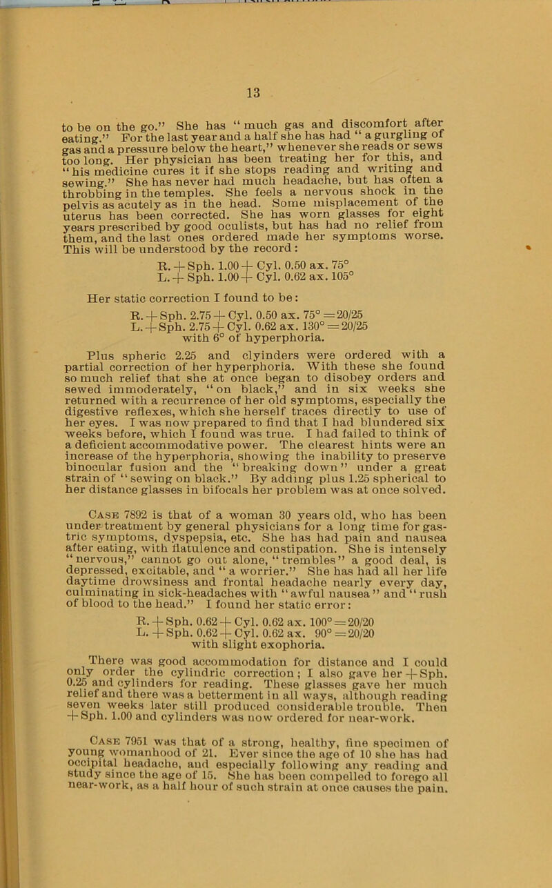 to be on the go.” She has “ much gas and discomfort after eating.” For the last year and a half she has had ‘ a gurgling oi gas and a pressure below the heart,” whenever she reads or sews too long. Her physician has been treating her for this, and “his medicine cures it if she stops reading and writing and sewing.” She has never had much headache, but has often a throbbing in the temples. She feels a nervous shock in the pelvis as acutely as in the head. Some misplacement of the uterus has been corrected. She has worn glasses f9r eight years prescribed by good oculists, but has had no relief from them, and the last ones ordered made her symptoms worse. This will be understood by the record: R. 4- Sph. 1.00 + Cyl. 0.50 ax. 75° L.+ Sph. 1.00+ Cyl. 0.62 ax. 105° Her static correction I found to be: R. + Sph. 2.75 + Cyl. 0.50 ax. 75° =20/25 L. + Sph. 2.75 +Cyl. 0.62 ax. 130° = 20/25 with 6° of hyperphoria. Plus spheric 2.25 and clyinders were ordered with a partial correction of her hyperphoria. With these she found so much relief that she at once began to disobey orders and sewed immoderately, “on black,” and in six weeks she returned with a recurrence of her old symptoms, especially the digestive reflexes, which she herself traces directly to use of her eyes. I was now prepared to find that I had blundered six weeks before, which I found was true. I had failed to think of a deficient accommodative power. The clearest hints were an increase of the hyperphoria, showing the inability to preserve binocular fusion and the “ breaking down ” under a great strain of “ sewing on black.” By adding plus 1.25 spherical to her distance glasses in bifocals her problem was at once solved. Case 7892 is that of a woman 30 years old, who has been under treatment by general physicians for a long time for gas- tric symptoms, dyspepsia, etc. She has had pain and nausea after eating, with flatulence and constipation. She is intensely “nervous,” cannot go out alone, “ trembles” a good deal, is depressed, excitable, and “ a worrier.” She has had all her life daytime drowsiness and frontal headache nearly every day, culminating in sick-headaches with “ awful nausea ” and “ rush of blood to the head.” I found her static error: R. + Sph. 0.62 +Cyl. 0.62 ax. 100° = 20/20 L. +Sph. 0.62 +Cyl. 0.62 ax. 90° =20/20 with slight exophoria. There was good accommodation for distance and I could only order the cylindric correction; I also gave her+Sph. 0.^ and cylinders for reading. These glasses gave her much relief and there was a betterment in all ways, although reading ®6ven weeks later still produced considerable trouble. Then + Sph. 1.00 and cylinders was now ordered for near-work. Case 7951 was that of a strong, liealthy, fine specimen of young womanhood of 21. ICver since the age of 10 she has had headache, and especially following any reading and study since the age of 15. (She has been compelled to forego all near-work, as a half hour of such strain at once causes the pain.