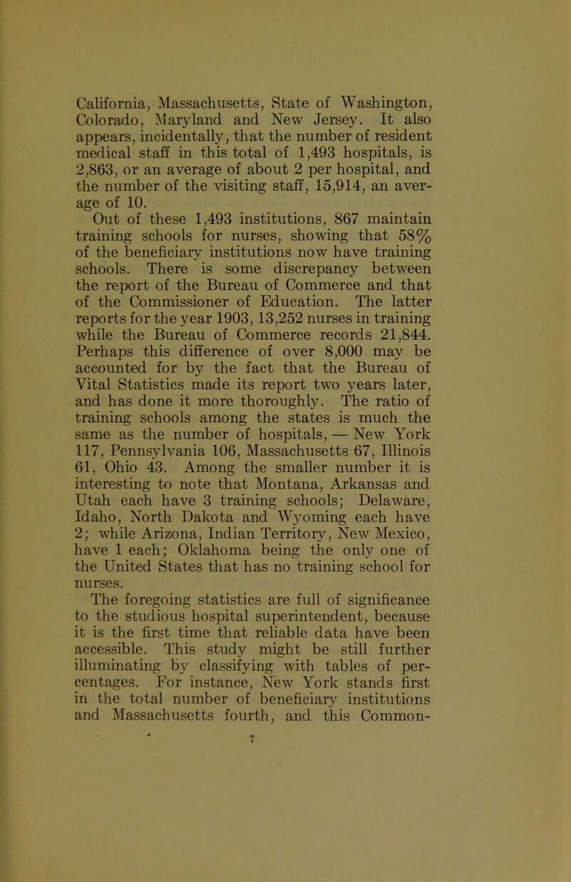 California, Massachusetts, State of Washington, Colorado, Maryland and New Jei’sey. It also appears, incidentally, that the number of resident medical staff in this total of 1,493 hospitals, is 2,863, or an average of about 2 per hospital, and the number of the visiting staff, 15,914, an aver- age of 10. Out of these 1,493 institutions, 867 maintain training schools for nurses, showing that 58% of the beneficiary institutions now have training schools. There is some discrepancy between the report of the Bureau of Commerce and that of the Commissioner of Education. The latter reports for the year 1903,13,252 nurses in training while the Bureau of Commerce records 21,844. Perhaps this difference of over 8,000 may be accounted for by the fact that the Bureau of Vital Statistics made its report two years later, and has done it more thoroughly. The ratio of training schools among the states is much the same as the number of hospitals, — New York 117, Pennsylvania 106, Massachusetts 67, Illinois 61, Ohio 43. Among the smaller number it is interesting to note that Montana, Arkansas and Utah each have 3 training schools; Delaware, Idaho, North Dakota and Wyoming each have 2; while Arizona, Indian Territory, New Mexico, have 1 each; Oklahoma being the only one of the United States that has no training school for nurses. The foregoing statistics are full of significance to the studious hospital superintendent, because it is the first time that reliable data have been accessible. This study might be still further illuminating by classifying with tables of per- centages. For instance. New York stands first in the total number of beneficiary institutions and Massachusetts fourth, and this Common-