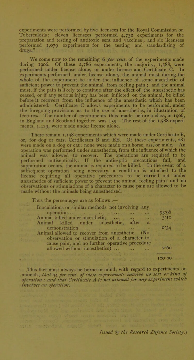 experiments were performed by five licensees for the Royal Commission on Tuberculosis; eleven licensees performed 4,732 experiments for the preparation and testing of antitoxic sera and vaccines ; and six licensees performed 1,079 experiments for the testing and standardising of drugs.” We come now to the remaining 6 per cent, of the experiments made during 1906. Of these 2,786 experiments, the majority, 1,588, were performed under license alone, or under license and Certificate C. In experiments performed under license alone, the animal must during the whole of the experiment be under the influence of some antesthetic of sufficient power to prevent the animal from feeling pain ; and the animal must, if the pain is likely to continue after the effect of the antesthetic has ceased, or if any serious injury has been inflicted on the animal, be killed before it recovers from the influence of the ansesthetic which has been administered. Certificate C allows experiments to be performed, under the foregoing provisions as to the use of anxsthetics, m illustration of lectures. The number of experiments thus made before a class, in 1906, in England and Scotland together, was 159. The rest of the 1.588 experi- ments, 1,429, were made under license alone. There remain 1,198 experiments which were made under Certificate B, or, for dog or cats. Certificates B and EE. Of these experiments, 281 were made on a dog or cat: none were made on a horse, ass, or mule. An operation was performed under anxsthetics, from the influence of which the animal was allowed to recover. The operations are required to be performed antiseptically. If the antiseptic precautions fail, and suppuration occurs, the animal is required to be killed. In the event of a subsequent operation lieing necessary, a condition is attached to the license requiring all operative procedures to be carried out under ana^thetics of sufficient power to prevent the animal feeling pain ; and no observations or stimulations of a character to cause pain are allowed to be made without the animals being anxsthetised. Thus the percentages are as follows :— Inoculations or similar methods not involving any operation... .. ... ... ... 93'9^> Animal killed under anxsthetic, ... ... .. Animal killed under anxsthetic, after a demonstration . ... 034 Animal allowed to recover from anxsthetic. (No observation or stimulation of a character to cause pain, and no further operative procedure allowed without anxsthetics) ... ... ... 2’60 100'oo This fact must always be borne in mind, with regard to experiments on animals, 94 per cent, of these experiments involve no sort or kind of operation : and that Certificate A is not allowed for any experiment which involves an operation. Issued by the Research Defence Society.)