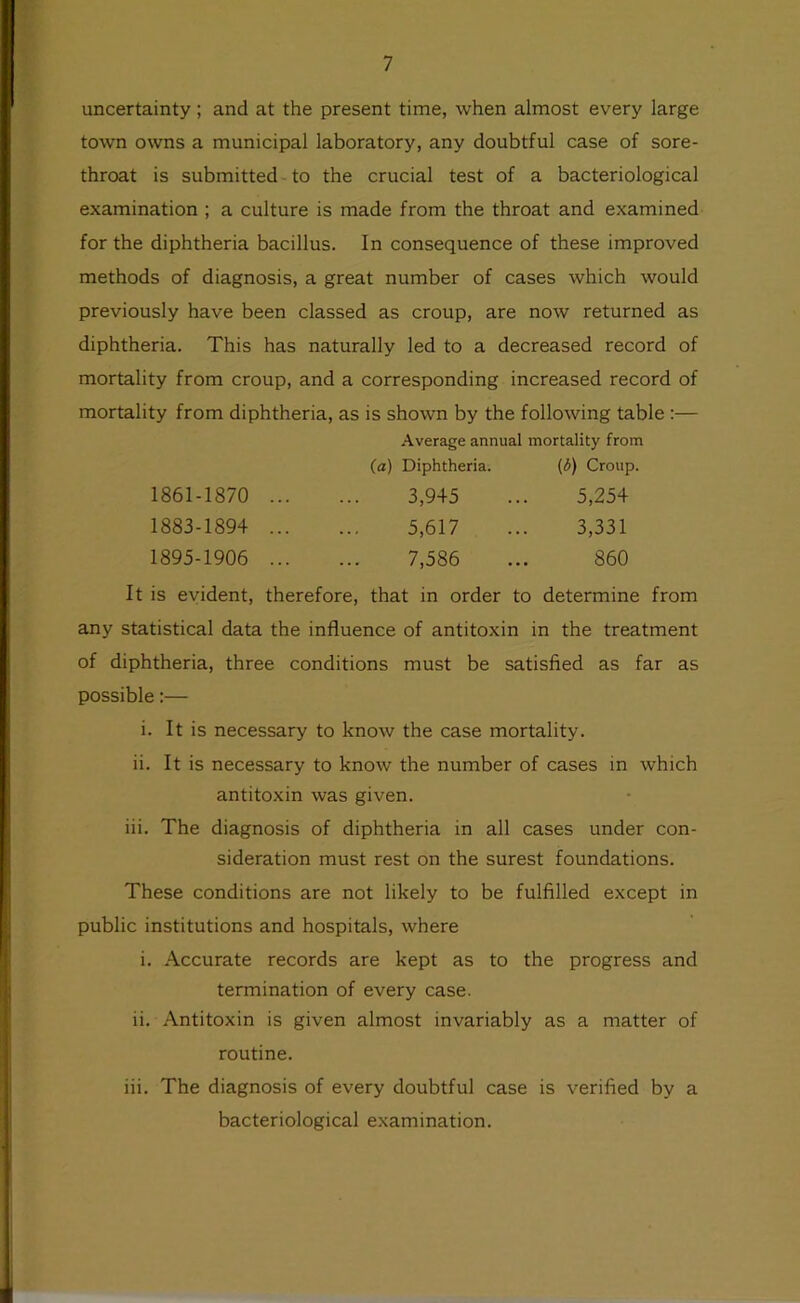 uncertainty ; and at the present time, when almost every large town owns a municipal laboratory, any doubtful case of sore- throat is submitted ■ to the crucial test of a bacteriological examination ; a culture is made from the throat and examined for the diphtheria bacillus. In consequence of these improved methods of diagnosis, a great number of cases which would previously have been classed as croup, are now returned as diphtheria. This has naturally led to a decreased record of mortality from croup, and a corresponding increased record of mortality from diphtheria, as is shown by the following table :— .\verage annual mortality from (a) Diphtheria. (d) Croup. 1861-1870 ... 3,945 5,254 1883-1894 ... 5,617 3,331 1895-1906 ... 7,586 860 It is evident, therefore, that in order to determine from any statistical data the influence of antitoxin in the treatment of diphtheria, three conditions must be satisfied as far as possible:— i. It is necessary to know the case mortality, ii. It is necessary to know the number of cases in which antitoxin was given. iii. The diagnosis of diphtheria in all cases under con- sideration must rest on the surest foundations. These conditions are not likely to be fulfilled except in public institutions and hospitals, where i. Accurate records are kept as to the progress and termination of every case. ii. Antitoxin is given almost invariably as a matter of routine. iii. The diagnosis of every doubtful case is verified by a bacteriological examination.