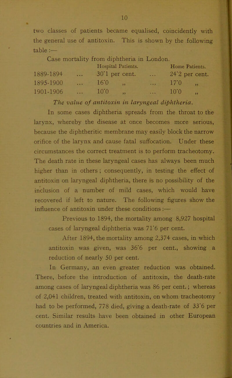 two classes of patients became equalised, coincidently with the general use of antitoxin. This is shown by the following table ;— Case mortality from diphtheria in Hospital Patients. 1889-1894 ... 30T per cent. 1895-1900 ... 16’0 1901-1906 ... 10‘0 London. Home Patients. 24'2 per cent. iro lO'O The value of antitoxin in laryngeal diphtheria. In some cases diphtheria spreads from the throat to the larynx, whereby the disease at once becomes more serious, because the diphtheritic membrane may easily block the narrow orifice of the larynx and cause fatal suffocation. Under these circumstances the correct treatment is to perform tracheotomy. The death rate in these laryngeal cases has always been much higher than in others ; consequently, in testing the effect of antitoxin on laryngeal diphtheria, there is no possibility of the inclusion of a number of mild cases, which would have recovered if left to nature. The following figures show the influence of antitoxin under these conditions :— Previous to 1894, the mortality among 8,927 hospital cases of laryngeal diphtheria was 71'6 per cent. After 1894, the mortality among 2,374 cases, in which antitoxin was given, was 36’6 per cent., showing a reduction of nearly 50 per cent. In Germany, an even greater reduction was obtained. There, before the introduction of antitoxin, the death-rate among cases of laryngeal diphtheria was 86 per cent.; whereas of 2,041 children, treated with antitoxin, on whom tracheotomy had to be performed, 778 died, giving a death-rate of 33‘6 per cent. Similar results have been obtained in other European countries and in America.