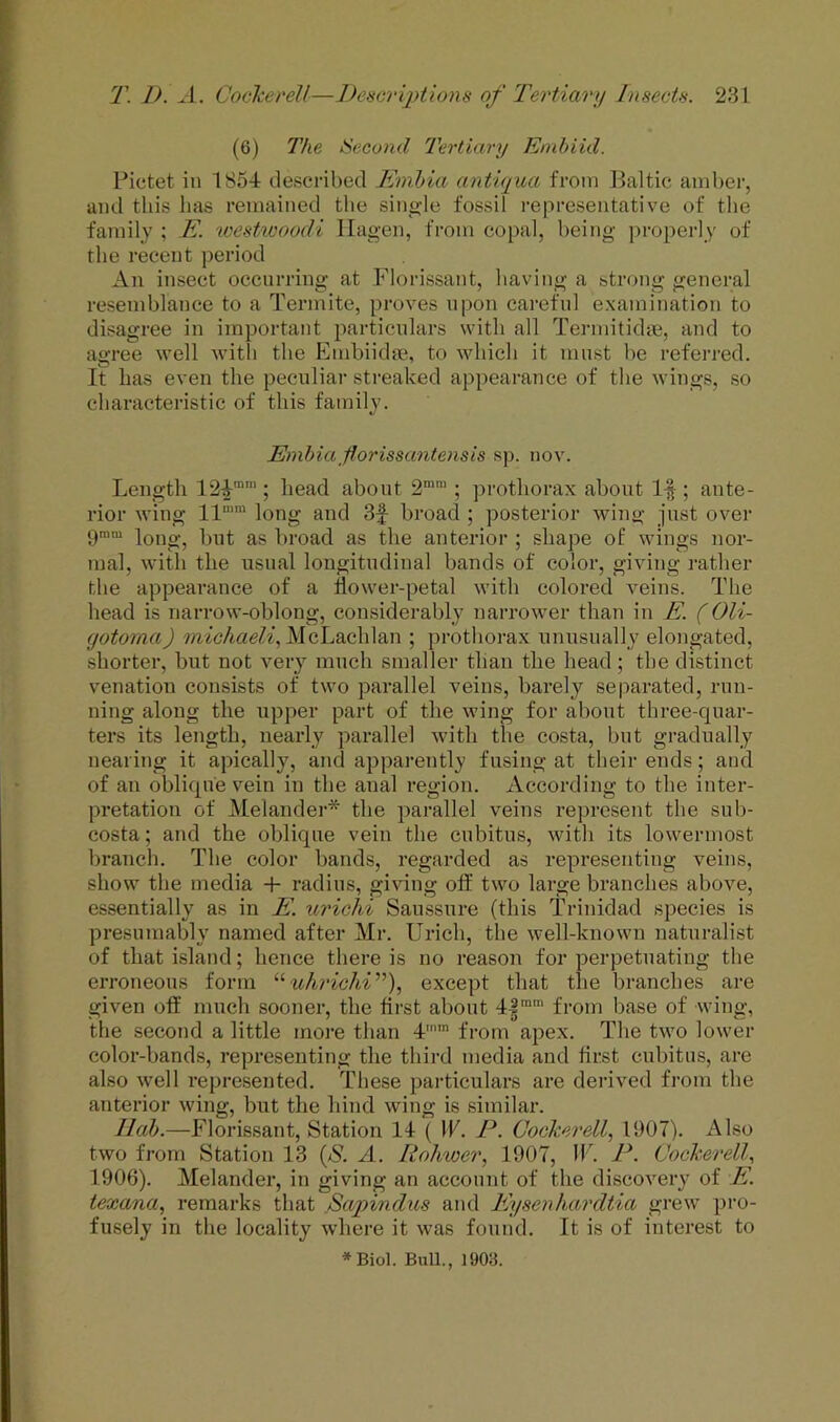 (6) The ISecond Tertiary Etnhiid. Pictet in 1854 described Kmhia antiqua from Baltic amber, and this lias remained the single fossil representative of the family ; E. westiooodi Hagen, from copal, being jn-operly of the recent period An insect occurring at Florissant, having a strong general resemblance to a Termite, proves upon careful examination to disagree in important particulars with all Termitidae, and to agree well witli the Embiidae, to which it must be referred. It has even the peculiar streaked appearance of the wings, so characteristic of this family. Embiaflorissantensis sp. nov. Length 124™'; head about 2™’; prothorax about If; ante- rior wing 11° long and 3f broad ; posterior wing just over 9™™ long, but as broad as the anterior ; shape of wings nor- mal, with the usual longitudinal bands of color, giving rather the appearance of a flower-petal with colored veins. The head is narrow-oblong, considerably narrower than in E. (Oli- (jotoma) McLachlan ; prothorax nnnsually elongated, shorter, but not very much smaller than the head; the distinct venation consists of two parallel veins, barely separated, run- ning along the upper part of the wing for about three-quar- ters its length, nearly parallel with the costa, but gradually nearing it apically, and apparently fusing at their ends; and of an oblique vein in the anal region. According to the inter- pretation of Melander* the parallel veins represent the sub- costa; and the oblique vein the cubitus, witli its lowermost branch. The color bands, regarded as representing veins, show the media + radius, giWng off two large branches above, essentially as in E. urichi Saussure (this Trinidad species is presumably named after Mr. Urich, the well-known naturalist of that island; hence there is no reason for perpetuating the erroneous form “ except that the branches are given off much sooner, the first about 4|™' from base of wing, the second a little moi’e than 4'' from apex. The two lower color-bands, representing the third media and first cubitus, are also well represented. These pai-ticulars are derived fi-om the anterior wing, but the hind wing is similar. Ilah.—Florissant, Station 14 ( \V. P. Cockerell., 1907). Also two from Station 13 {S. A. Rohwer, 1907, IF. P. Cockerell^ 1906). Melander, in giving an account of the discovery of E. texana, remarks that Sapindus and Eysenhardtia grew pro- fusely in the locality where it was found. It is of interest to *Biol. Bull., 1903.