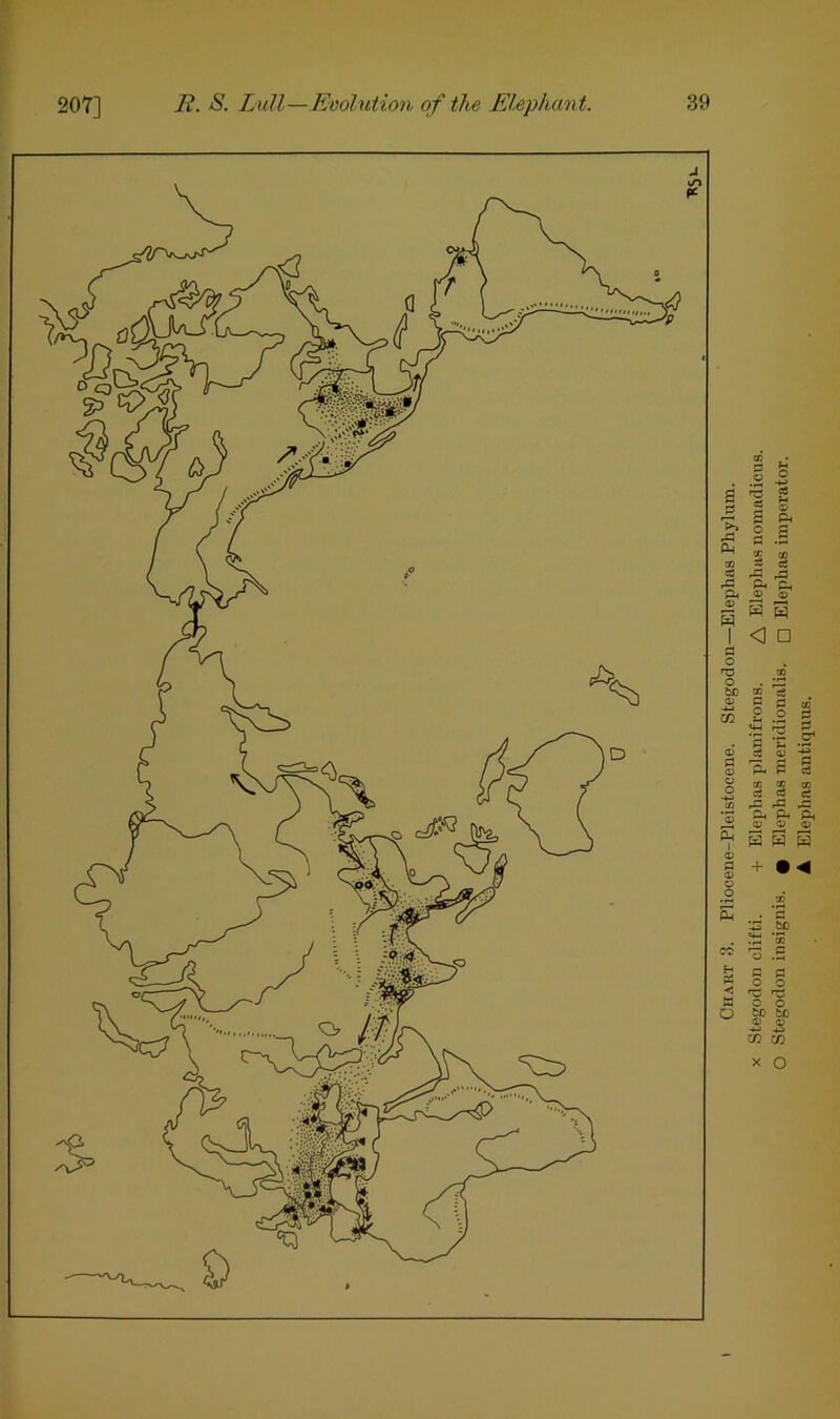 Chart 3. Pliocene-Pleistocene. Stegodon—Elephas Phylum, x Stegodon clit'ti. + Elephas planifrons. Elephas nomadicus. O Stegodon insignis. • Elephas meridionalis. □ Elephas imperator. ▲ Elephas antiquus.