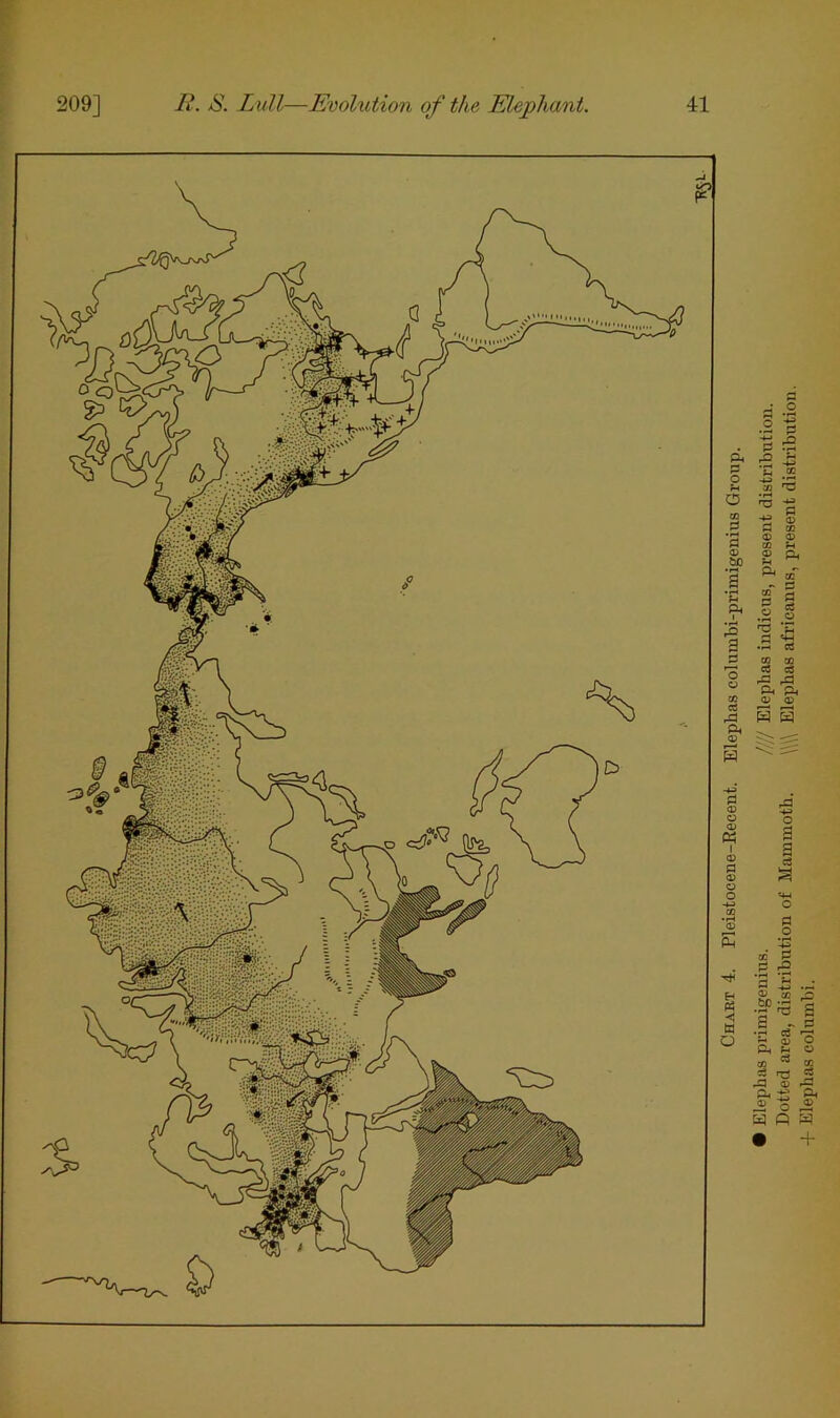 Chart 4. Pleistocene-Recent. Elephas columbi-primigenius Group. • Elephas primigenius. //// Elephas indicus, present distribution. Dotted area, distribution of Mammoth. \\\\ Elephas africanus, present distribution. + Elephas columbi.
