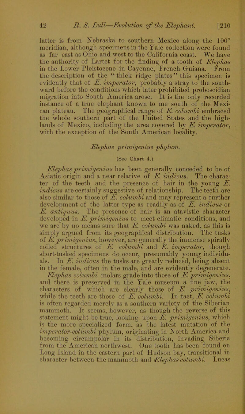 latter is from Nebraska to southern Mexico along the 100° meridian, although specimens in the Yale collection were found as far east as Ohio and west to the California coast. We have the authority of Lartet for the finding of a tooth of Elephas in the Lower Pleistocene in Cayenne, French Guiana. From the description of the “thick ridge plates’’this specimen is evidently that of E. imperator, probably a stray to the south- ward before the conditions which later prohibited proboscidian migration into South America arose. It is the only recorded instance of a true elephant known to me south of the Mexi- can plateau. The geographical range of E. columbi embraced the whole southern part of the United States and the high- lands of Mexico, including the area covered by E. imperator, with the exception of the South American locality. Elephas primigenius phylum. (See Chart 4.) Elephas primigenius has been generally conceded to be of Asiatic origin and a near relative of E. indicus. The charac- ter of the teeth and the presence of hair in the young E. indicus are certainly suggestive of relationship. The teeth are also similar to those of E columbi and may represent a further development of the latter type as readily as of E. indicus or E. antiquus. The presence of hair is an atavistic character developed in E. primigenius to meet climatic conditions, and we are by no means sure that E. columbi was naked, as this is simply argued from its geographical distribution. The tusks of E. primigenius, however, are generally the immense spirally coiled structures of E. columbi and E imperator, though short-tusked specimens do occur, presumably young individu- als. In E. indicus the tusks are greatly reduced, being absent in the female, often in the male, and are evidently degenerate. Elephas columbi molars grade into those of E. primigenius, and there is preserved in the Yale museum a fine jaw, the characters of which are clearly those of E. primigenius, while the teeth are those of E. columbi. In fact, E. columbi is often regarded merely as a southern variety of the Siberian mammoth. It seems, however, as though the reverse of this statement might be true, looking upon E. primigenius, which is the more specialized form, as the latest mutation of the irnperator-columbi phylum, originating in North America and becoming circumpolar in its distribution, invading Siberia from the American northwest. One tooth has been found on Long Island in the eastern part of Hudson bay, transitional in character between the mammoth and Elephas columbi. Lucas