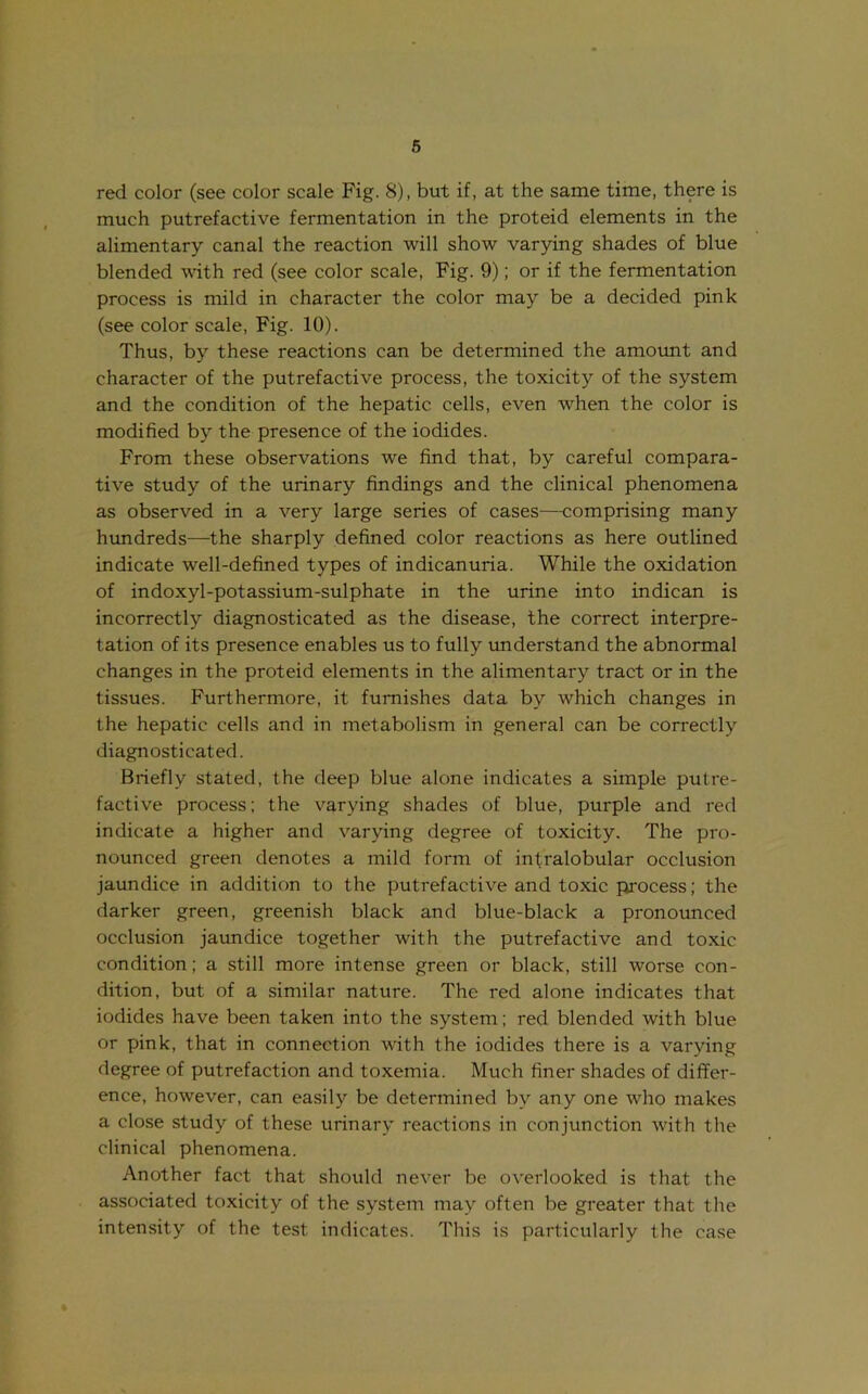 red color (see color scale Fig. 8), but if, at the same time, there is much putrefactive fermentation in the proteid elements in the alimentary canal the reaction will show varying shades of blue blended with red (see color scale. Fig. 9); or if the fermentation process is mild in character the color may be a decided pink (see color scale. Fig. 10). Thus, by these reactions can be determined the amoimt and character of the putrefactive process, the toxicity of the system and the condition of the hepatic cells, even when the color is modified by the presence of the iodides. From these observations we find that, by careful compara- tive study of the urinary findings and the clinical phenomena as observed in a very large series of cases—-comprising many hundreds—^the sharply defined color reactions as here outlined indicate well-defined types of indicanuria. While the oxidation of indoxyl-potassium-sulphate in the urine into indican is incorrectly diagnosticated as the disease, the correct interpre- tation of its presence enables us to fully understand the abnormal changes in the proteid elements in the alimentary tract or in the tissues. Furthermore, it furnishes data by which changes in the hepatic cells and in metabolism in general can be correctly diagnosticated. Briefly stated, the deep blue alone indicates a simple putre- factive process; the varying shades of blue, purple and red indicate a higher and varying degree of toxicity. The pro- nounced green denotes a mild form of intralobular occlusion jaundice in addition to the putrefactive and toxic process; the darker green, greenish black and blue-black a pronounced occlusion jaundice together with the putrefactive and toxic condition; a still more intense green or black, still worse con- dition, but of a similar nature. The red alone indicates that iodides have been taken into the system; red blended with blue or pink, that in connection with the iodides there is a varying degree of putrefaction and toxemia. Much finer shades of differ- ence, however, can easily be determined by any one who makes a close study of these urinary reactions in conjunction with the clinical phenomena. Another fact that should never be overlooked is that the associated toxicity of the system may often be greater that the intensity of the test indicates. This is particularly the case %