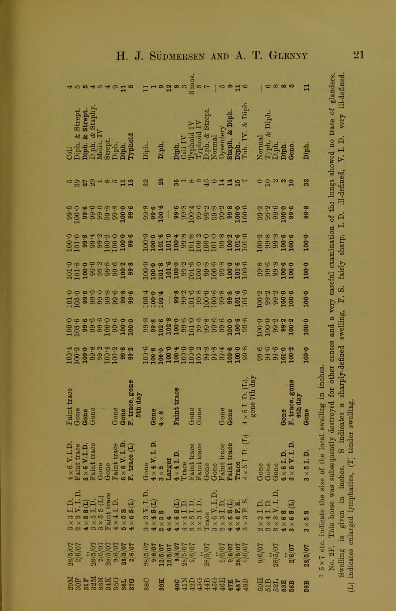 H ^ I I C£) 00 00 lO • • «S’!* i i3;S M W^K -.a 43 o.S-3 Oft p J3 R.-3 «a ■JS • . o S'-g'S^  _a g, Q. M (P P -a a p< « o A ^ s t> >• « Q ,« t* r2 S rs-2> .£; o o . g-g^- .M •9,3 P, § S ftfla .2* O o .& 3 POEhHP;z;PmPEh 3 p4 o c3 , S -a 3 43 o J? P< fti ft (3 „ ;5Hftp3 P p U5Oit»OrH00W0rHl0 CO f-l iH CO lO 04 tOrHOOCOtOO’^ ^ lOt* CO ^ iH r-| O O 04 O 04 r-H rH CO coococpOcoooocp oo«oV® PSO^^O^OJOiOO C^0>0 C50C>OC5C502^ C50>2 <0<^'^cp^00<^«00 COOQCpocO CO 04 05 O O P5 05 05 04 O O 05 05 05 O 0> 05 05050050505050500 05050005 05 ppoo'^oicopoo 0^05050500005 000050500®®5 pOOp^p<pppppC4«Dp §Qr4rH005tHOOrH050^rH 000005000005000 I __l ^ ^ I I I I I ^ ^ »-H rH P 00 p O O O O 05 O O O 05 05 O O 1-H iH rH ppopppp«« rH|H005050050^ 00®05C50505005 rH H rH pooo^p^^^p®^p*oop coopcoo O Oo^i®05t-H0050050^0 05 05 05 o o o 00020050005005000 05050500 o iHrHiH*^rH rHiH rH rHrHrH iHrH rH poopppppco ^o^ pppppppoopp pppoco O rHc00 05 05 05 05005 000*005 05 05 005 p O C4 O O O O 05 rH 05 O O 05 04 ' ’—i 0050050005 05 2^ O 05 05 o o o 05 p 2 2 —1 rn rl O O pcoopppppo Dc000505005p0 D0®>05050052® PoOCOppppOCDOpOOp 050>^C4p05rHC5C5050500a5 0504020050050505050005 __i iH —4 mmi rH p p p W N o O 05 05 O o o 05 05 p »w f-H rH '^C40pP'^0400e4 00005050000 00^050500^*05 iH rH rH rH iH ^«o9t»*®‘?PPP’^o9P 000®®0000505050005 ooo2 2oooo5050502^ •^^_irHrHf^^_j rHrH p p p o p o 05 05 H O 05 05 05 O 2 o o p' ca . r£3 ® ® fl cl O o Oo 5C X to o d o bo O ® 2 5 g d 4» 9 d S Fm O o ® . ® •-! 2 > ■“ to a X '3 «• ® ® O O ®  M «2 2”T ^ -s ® ® -s S to a p a o X 'c3 2 o '3 X . to ^ O O ^ to Pn O ® ptjtio^tjtoaa 2xxSx2‘3'3 - - O tji to 3 ® ® t) o ea ca M H* p p d c o o 03 ca u u ■91 d 3 pH Ph (H ft ® o U5 2 X Eh ^ P P ^ HH > P P P d d fl O O O X X OOO ^ eo lO X CO w ' S i »-j gp d-2 Q g t>’MI-iCQ^3woJ !iMio>a>a d-H<ioto txxxx'Sx XX ^l^^tt<eocopH■4^lOt^l ft >-] g >■ w M - a, eo^eo^o’^coco ooco<o<oco XXXXXXXXSXXXXX CO»!»<C4^^’^COC'1HcO(M^^CO ft p p ft P 3 oi “ wftl-Il-t gjl>l-itQptft ' t3 r“ — - - — a ft ft' o’ g ft ft t> 01 OJ CO ^ CO CO CO X X X X X 04 CO CO CO CO lO X o o 00 <N C4 l> b- t> O b- f O p^o pp o ::S“co »o“co io ^ oo<M ao“o5 cjo cT <N <N t> b» f t ^ p o O O ® O O o I> tr t- t>- o o o o lO JO lO pU5 O rJO rCO CO JO CD 00* o* ^ ^ 00*S S’ O'! H rH C4 C4 04 p S' oT t- o t- o rio t to S' cT (M SfePuSIZItitjp^CS o OOiHG^COM^JOCOC^ CO C4COCOCOCOCOCOCOCO CO M ol3Qc!3pq!iH wPHcq 05 OrH<MCO'^U5CDlr0005 W ft ft M pq pq O rH 04 eo CO 05 P J/3 JO JO JO JO 1 5 X 7 etc. indicate the size of the local swelling in inches. No. 2F. This horse was subsequently destroyed for other causes and a very careful examination of the lungs showed no trace of glanders. Swelling is given in inches. S indicates a sharply-defined swelling, F. S. fairly sharp, I. D. ill-defined, V. I. D. very ill-defined. (L) indicates enlarged lymphatics, (T) tender swelling.