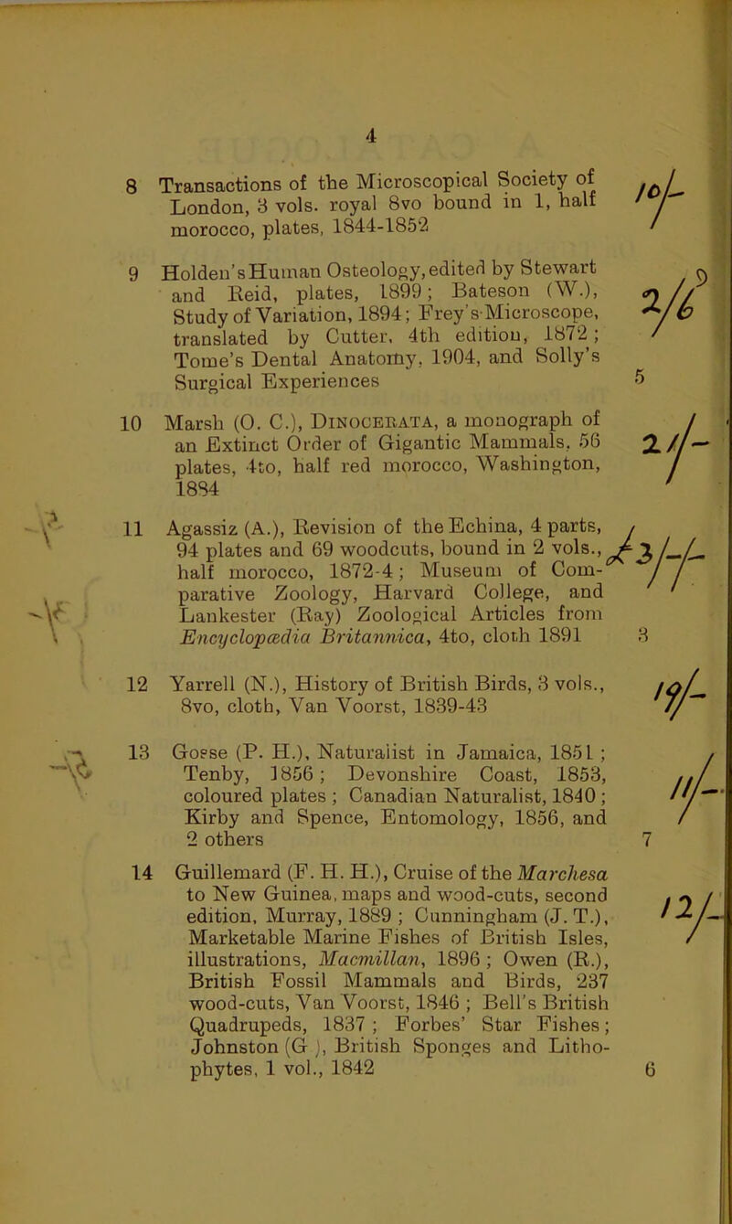 8 Transactions of the Microscopical Society of London, 3 vols. royal 8vo bound in 1, half morocco, plates, 1844-1852 9 Holden’s Human Osteology, edited by Stewart and Keid, plates, 1899; Bateson (W.), Study of Variation, 1894; Frey’s Microscope, translated by Cutter, 4th edition, 1872; Tome’s Dental Anatomy, 1904, and Solly’s Surgical Experiences 10 Marsh (0. C.), Dinocerata, a monograph of an Extinct Order of Gigantic Mammals, 56 plates, 4to, half red morocco, Washington, 1884 5 11 Agassiz (A.), Revision of theEchina, 4 parts, 94 plates and 69 woodcuts, bound in 2 vols., half morocco, 1872-4; Museum of Com- parative Zoology, Harvard College, and Lankester (Ray) Zoological Articles from EncyclopcBdia Britannica, 4to, cloth 1891 3 12 Yarrell (N.), History of British Birds, 3 vols., 8vo, cloth, Van Voorst, 1839-43 13 Goese (P. H.), Naturalist in Jamaica, 1851 ; Tenby, 1856; Devonshire Coast, 1853, coloured plates ; Canadian Naturalist, 1840 ; Kirby and Spence, Entomology, 1856, and 2 others 14 Guillemard (F. H. H.), Cruise of the Marchesa to New Guinea, maps and wood-cuts, second edition, Murray, 1889 ; Cunningham (J. T.), Marketable Marine Fishes of British Isles, illustrations, Macmillan, 1896 ; Owen (R.), British Fossil Mammals and Birds, 237 wood-cuts. Van Voorst, 1846 ; Bell’s British Quadrupeds, 1837 ; Forbes’ Star Fishes; Johnston (G J, British Sponges and Litho- phytes, 1 vol., 1842 12 6