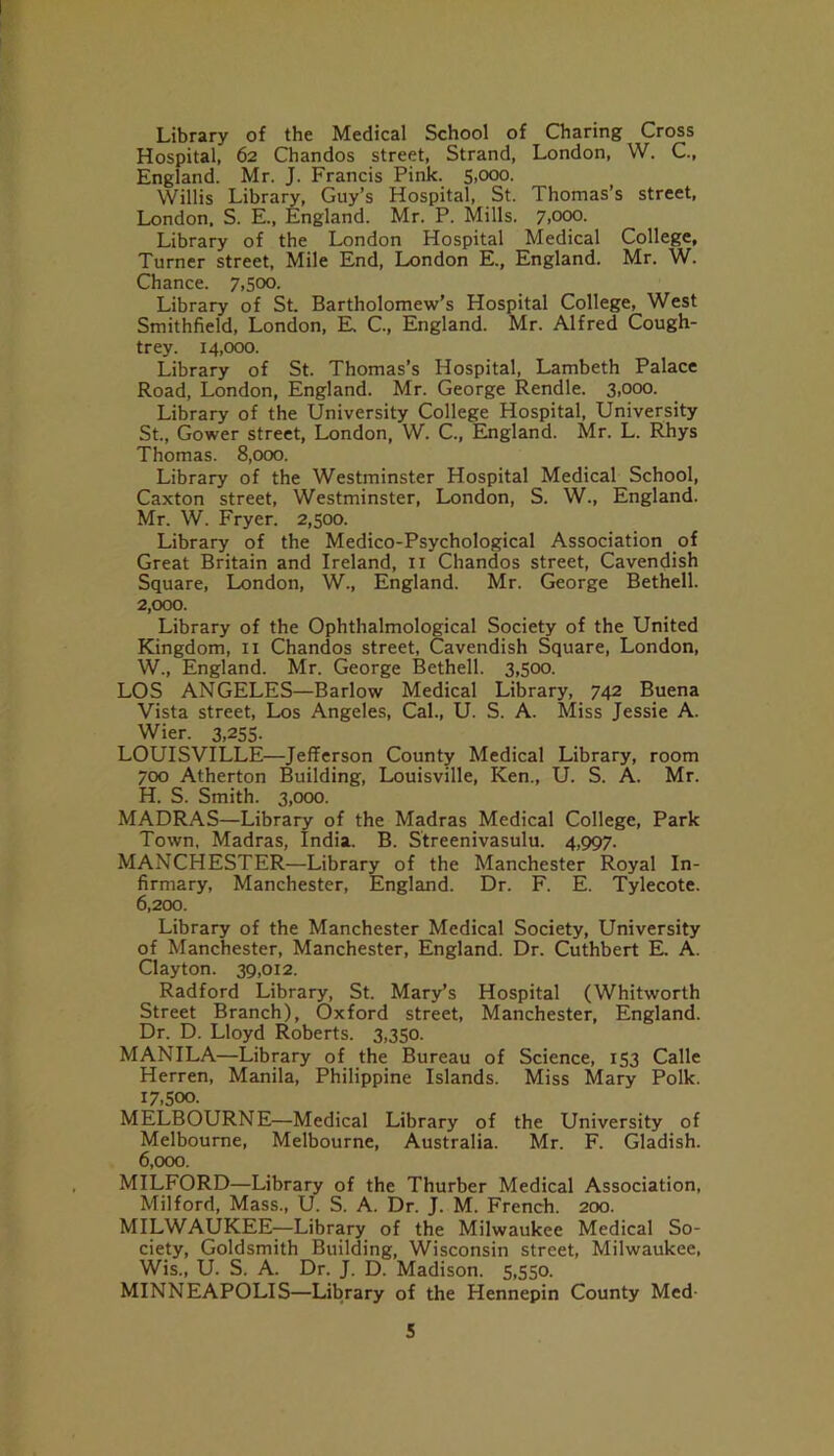 Library of the Medical School of Charing Cross Hospital, 62 Chandos street, Strand, London, W. C., England. Mr. J. Francis Pink. 5,000. Willis Library, Guy’s Hospital, St. Thomas’s street, London, S. E., England. Mr. P. Mills. 7,000. Library of the London Hospital Medical College, Turner street, Mile End, London E., England. Mr. W. Chance. 7,500. Library of St. Bartholomew’s Hospital College, West Smithfield, London, E. C., England. Mr. Alfred Cough- trey. 14,000. Library of St. Thomas’s Hospital, Lambeth Palace Road, London, England. Mr. George Rendle. 3>ooo. Library of the University College Hospital, University St., Gower street, London, W. C., England. Mr. L. Rhys Thomas. 8,000. Library of the Westminster Hospital Medical School, Caxton street, Westminster, London, S. W., England. Mr. W. Fryer. 2,500. Library of the Medico-Psychological Association of Great Britain and Ireland, 11 Chandos street, Cavendish Square, London, W., England. Mr. George Bethell. 2.000. Library of the Ophthalmological Society of the United Kingdom, 11 Chandos street, Cavendish Square, London, W., England. Mr. George Bethell. 3,500. LOS ANGELES—Barlow Medical Library, 742 Buena Vista street, Los Angeles, Cal., U. S. A. Miss Jessie A. Wier. 3,255. LOUISVILLE—Jefferson County Medical Library, room 700 Atherton Building, Louisville, Ken., U. S. A. Mr. H. S. Smith. 3,000. MADRAS—Library of the Madras Medical College, Park Town, Madras, India. B. Streenivasulu. 4,997. MANCHESTER—Library of the Manchester Royal In- firmary, Manchester, England. Dr. F. E. Tylecote. 6,200. Library of the Manchester Medical Society, University of Manchester, Manchester, England. Dr. Cuthbert E. A. Clayton. 39,012. Radford Library, St. Mary’s Hospital (Whitworth Street Branch), Oxford street, Manchester, England. Dr. D. Lloyd Roberts. 3,350. MANILA—Library of the Bureau of Science, 153 Calle Herren, Manila, Philippine Islands. Miss Mary Polk. 17,500. MELBOURNE—Medical Library of the University of Melbourne, Melbourne, Australia. Mr. F. Gladish. 6.000. MILFORD—Library of the Thurber Medical Association, Milford, Mass., U. S. A. Dr. J. M. French. 200. MILWAUKEE—Library of the Milwaukee Medical So- ciety, Goldsmith Building, Wisconsin street, Milwaukee, Wis., U. S. A. Dr. J. D. Madison. 5,550. MINNEAPOLIS—Library of the Hennepin County Med