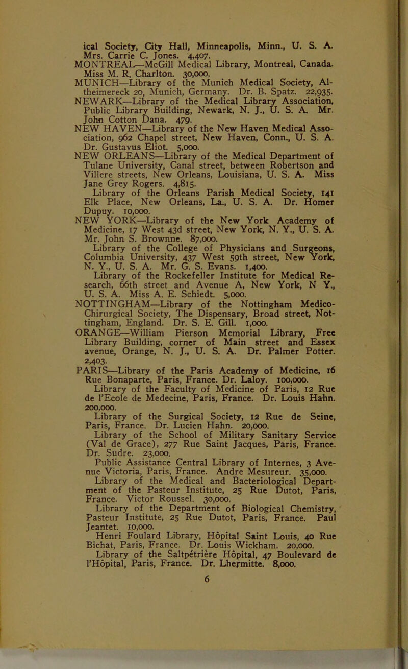 ical Society, City Hall, Minneapolis, Minn., U. S. A. Mrs. Carrie C. Jones. 4,407. MONTREAL—McGill Medical Library, Montreal, Canada. Miss M. R. Charlton. 30,000. MUNICH—Library of the Munich Medical Society, Al- theimereck 20, Munich, Germany. Dr. B. Spatz. 22,935. NEWARK—Library of the Medical Library Association, Public Library Building, Newark, N. J., U. S. A. Mr. John Cotton Dana. 479. NEW HAVEN—Library of the New Haven Medical Asso- ciation, 962 Chapel street, New Haven, Conn., U. S. A. Dr. Gustavus Eliot. 5,000. NEW ORLEANS—Library of the Medical Department of Tulane University, Canal street, between Robertson and Villere streets, New Orleans, Louisiana, U. S. A. Miss Jane Grey Rogers. 4,815. Library of the Orleans Parish Medical Society, 141 Elk Place, New Orleans, La., U. S. A. Dr. Homer Dupuy. 10,000. NEW YORK—Library of the New York Academy of Medicine, 17 West 43d street. New York, N. Y., U. S. A. Mr. John S. Brownne. 87,000. Library of the College of Physicians and Surgeons, Columbia University, 437 West 59th street, New York, N. Y., U. S. A. Mr. G. S. Evans. 1,400. Library of the Rockefeller Institute for Medical Re- search, 66th street and Avenue A, New York, N Y., U. S. A. Miss A. E. Schiedt. 5,000. NOTTINGHAM—Library of the Nottingham Medico- Chirurgical Society, The Dispensary, Broad street, Not- tingham, England. Dr. S. E. Gill. 1,000. ORANGE—William Pierson Memorial Library, Free Library Building, corner of Main street and Essex avenue, Orange, N. J., U. S. A. Dr. Palmer Potter. 2,403. PARIS—Library of the Paris Academy of Medicine, 16 Rue Bonaparte, Paris, France. Dr. Laloy. 100,000. Library of the Faculty of Medicine of Paris, 12 Rue de l’Ecole de Medecine, Paris, France. Dr. Louis Hahn. 200,000. Library of the Surgical Society, 12 Rue de Seine, Paris, France. Dr. Lucien Hahn. 20,000. Library of the School of Military Sanitary Service (Val de Grace), 277 Rue Saint Jacques, Paris, France. Dr. Sudre. 23,000. Public Assistance Central Library of Internes, 3 Ave- nue Victoria, Paris, France. Andre Mesureur. 35,000. Library of the Medical and Bacteriological Depart- ment of the Pasteur Institute, 25 Rue Dutot, Paris, France. Victor Roussel. 30,000. Library of the Department of Biological Chemistry, Pasteur Institute, 25 Rue Dutot, Paris, France. Paul Jeantet. 10,000. Henri Foulard Library, Hopital Saint Louis, 40 Rue Bichat, Paris, France. Dr. Louis Wickham. 20,000. Library of the Saltpetriere Hopital, 47 Boulevard de l’Hopital, Paris, France. Dr. Lhermitte. 8,000.