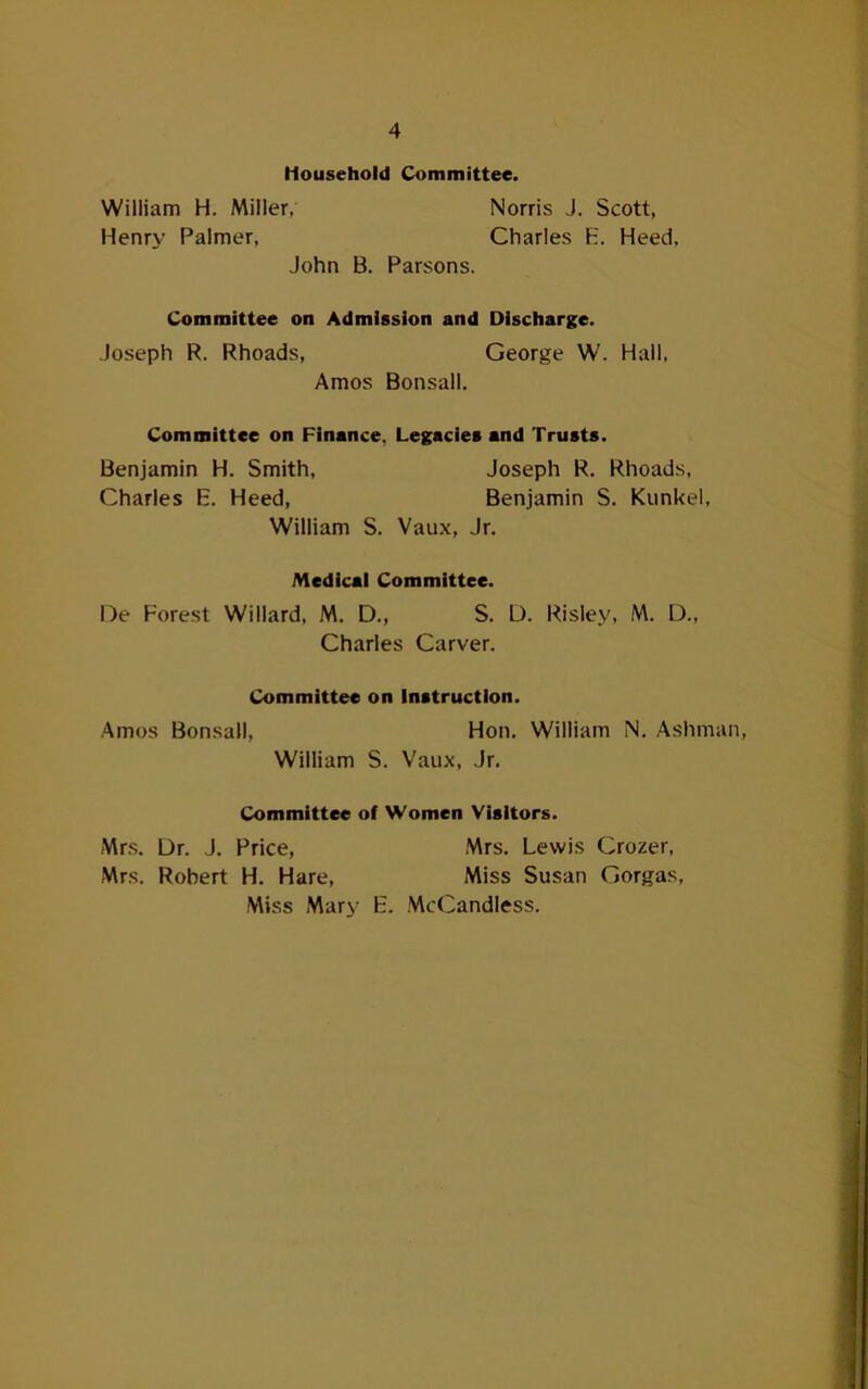 Household Committee. William H. Miller, Norris J. Scott, Henry Palmer, Charles E. Heed, John B. Parsons. Committee on Admission and Discharge. Joseph R. Rhoads, George W. Hall, Amos Bonsall. Committee on Finance, Legacies and Trusts. Benjamin H. Smith, Joseph R. Rhoads, Charles E. Heed, Benjamin S. Kunkel, William S. Vaux, Jr. Medical Committee. l)e Forest Willard, M. D., S. U. Risley, M. D., Charles Carver. Committee on Instruction. Amos Bonsall, Hon. William N. Ashman, William S. Vaux, Jr. Committee of Women Visitors. Mrs. Ur. J. Price, Mrs. Lewis Crozer, Mrs. Robert H. Hare, Miss Susan Gorgas, Miss Mary E. McCandless.