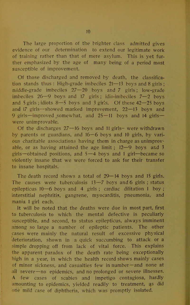 10 The large proportion of the brighter class admitted gives evidence of our determination to extend our legitimate work of training rather than that of mere asylum. This is yet fur- ther emphasized by the age of many being of a period most susceptible of improvement. Of those discharged and removed by death, the classifica- tion stands thus: High-grade imbeciles 21—13 bo}'s and 8 girls ; middle-grade imbeciles 27—20 boys and 7 girls; low-grade imbeciles 26—9 boys and 17 girls; idio-imbeciles 7—2 boys and 5 girls ; idiots 8—5 boys and 3 girls. Of these 42—25 boys and 17 girls—showed marked improvement, 22—13 bo>'s and 9 girl.s—improved somewhat, and 25—II boys and 14 girls— were unimprovable. Of the discharges 27—16 boys and II girls- were withdrawn by parents or guardians, and 16—6 boys and 10 girls, by vari- ous charitable associations having them in charge as unimprov- able, or as having attained the age limit ; 12—9 boys and 3 girls—obtained positions, and 5—4 boys and 1 girl—became so violently insane that we were forced to ask for their transfer to insane hospitals. The death record shows a total of 29—14 boys and 15 girls. The causes were tuberculosis 13—7 boys and 6 girls ; status epilepticus 10—6 boys and 4 girls ; cardiac dilitation 1 boy ; interstitial nephritis, gangrene, myocarditis, pneumonia, and mania 1 girl each. It will be noted that the deaths were due in most part, first to tuberculosis to which the mental defective is peculiarly susceptible, and second, to status epilepticus, always imminent among so large a number of epileptic patients. The other cases were mainly the natural result of excessive physical deterioration, shown in a quick succumbing to attack or a simple dropping off from lack of vital force. This explains the apparent paradox of the death rate being exceptionally high in a year, in which the health record shows mainly cases of minor sickness, and casualties few in number—and none at all severe—no epidemics, and no prolonged or severe illnesses, A few cases of scabies and impetigo contagiosa, hardly , amounting to epidemics, yielded readily to treatment, as did j one mild case of diphtheria, which was promptly isolated. j