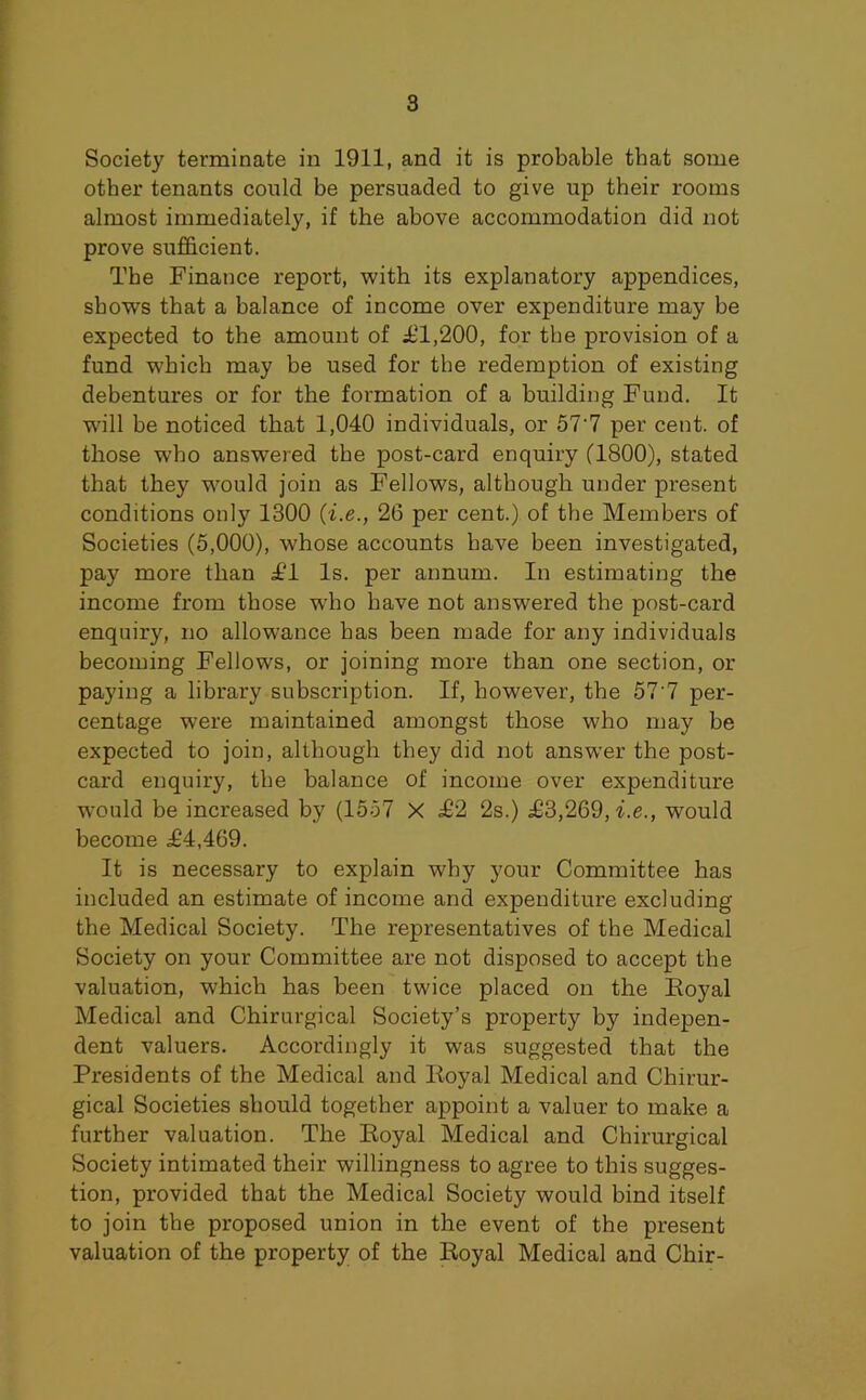 Society terminate in 1911, and it is probable that some other tenants could be persuaded to give up their rooms almost immediately, if the above accommodation did not prove sufficient. The Finance report, with its explanatory appendices, shows that a balance of income over expenditure may be expected to the amount of ill,200, for the provision of a fund which may be used for the redemption of existing debentures or for the formation of a building Fund. It will be noticed that 1,040 individuals, or 57'7 per cent, of those who answered the post-card enquiry (1800), stated that they would join as Fellows, although under present conditions only 1300 [i.e., 26 per cent.) of the Members of Societies (5,000), whose accounts have been investigated, pay more than i'l Is. per annum. In estimating the income from those who have not answered the post-card enquiry, no allowance has been made for any individuals becoming Fellows, or joining more than one section, or paying a library subscription. If, however, the 57’7 per- centage were maintained amongst those who may be expected to join, although they did not answer the post- card enquiry, the balance of income over expenditure would be increased by (1557 X £'2 2s.) ^3,269, i.e., would become £4,469. It is necessary to explain why your Committee has included an estimate of income and expenditure excluding the Medical Society. The representatives of the Medical Society on your Committee are not disposed to accept the valuation, which has been twice placed on the Eoyal Medical and Chirurgical Society’s property by indepen- dent valuers. Accordingly it was suggested that the Presidents of the Medical and Royal Medical and Chirur- gical Societies should together appoint a valuer to make a further valuation. The Eoyal Medical and Chirurgical Society intimated their willingness to agree to this sugges- tion, provided that the Medical Society would bind itself to join the proposed union in the event of the present valuation of the property of the Royal Medical and Chir-