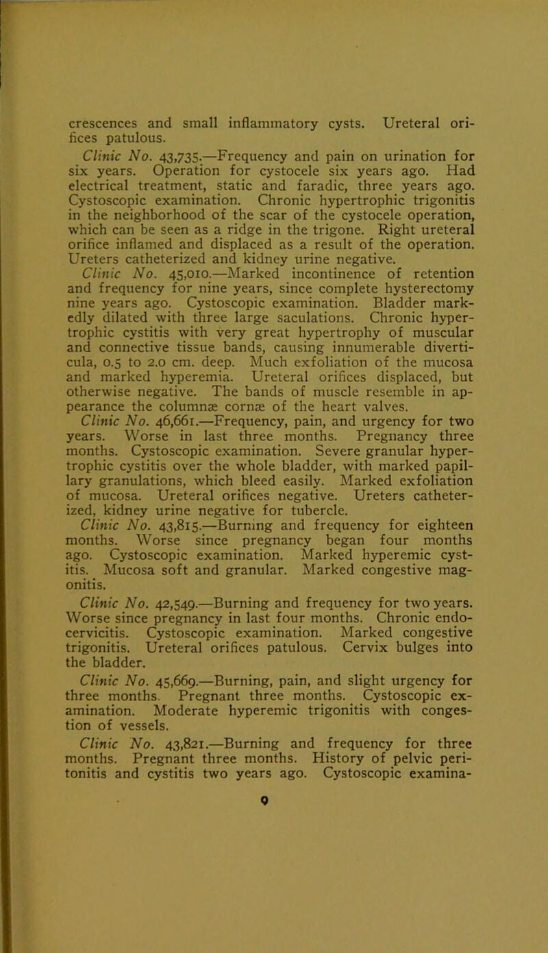 crescences and small inflammatory cysts. Ureteral ori- fices patulous. Clinic No. 43,735.—Frequency and pain on urination for six years. Operation for cystocele six years ago. Had electrical treatment, static and faradic, three years ago. Cystoscopic examination. Chronic hypertrophic trigonitis in the neighborhood of the scar of the cystocele operation, which can be seen as a ridge in the trigone. Right ureteral orifice inflamed and displaced as a result of the operation. Ureters catheterized and kidney urine negative. Clinic No. 45,010.—Marked incontinence of retention and frequency for nine years, since complete hysterectomy nine years ago. Cystoscopic examination. Bladder mark- edly dilated with three large saculations. Chronic hyper- trophic cystitis with very great hypertrophy of muscular and connective tissue bands, causing innumerable diverti- cula, 0.5 to 2.0 cm. deep. Much exfoliation of the mucosa and marked hyperemia. Ureteral orifices displaced, but otherwise negative. The bands of muscle resemble in ap- pearance the column® corn® of the heart valves. Clinic No. 46,661.—Frequency, pain, and urgency for two years. Worse in last three months. Pregnancy three months. Cystoscopic examination. Severe granular hyper- trophic cystitis over the whole bladder, with marked papil- lary granulations, which bleed easily. Marked exfoliation of mucosa. Ureteral orifices negative. Ureters catheter- ized, kidney urine negative for tubercle. Clinic No. 43,815.—Burning and frequency for eighteen months. Worse since pregnancy began four months ago. Cystoscopic examination. Marked hyperemic cyst- itis. Mucosa soft and granular. Marked congestive mag- onitis. Clinic No. 42,549.—Burning and frequency for two years. Worse since pregnancy in last four months. Chronic endo- cervicitis. Cystoscopic examination. Marked congestive trigonitis. Ureteral orifices patulous. Cervix bulges into the bladder. Clinic No. 45,669.—Burning, pain, and slight urgency for three months. Pregnant three months. Cystoscopic ex- amination. Moderate hyperemic trigonitis with conges- tion of vessels. Clinic No. 43,821.—Burning and frequency for three months. Pregnant three months. History of pelvic peri- tonitis and cystitis two years ago. Cystoscopic examina- Q