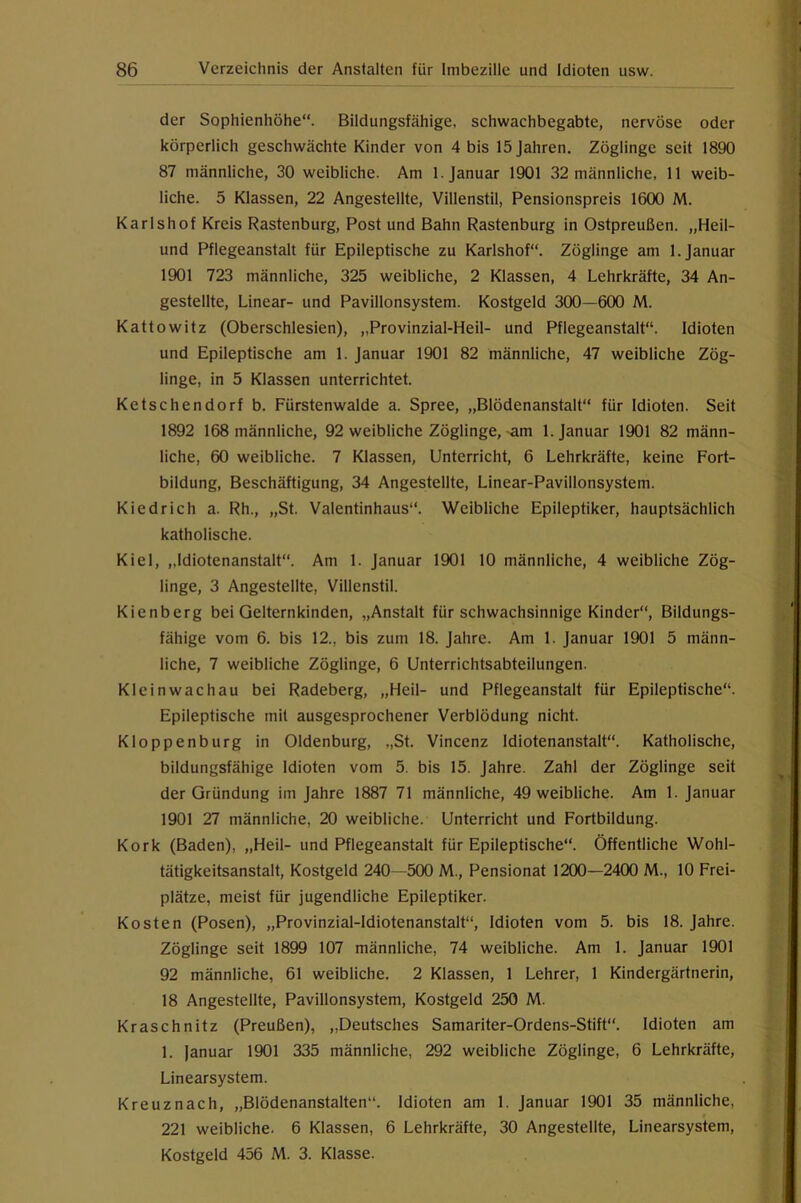 der Sophienhöhe“. Bildungsfähige, Schwachbegabte, nervöse oder körperlich geschwächte Kinder von 4 bis 15 Jahren. Zöglinge seit 1890 87 männliche, 30 weibliche. Am 1. Januar 1901 32 männliche, 11 weib- liche. 5 Klassen, 22 Angestellte, Villenstil, Pensionspreis 1600 M. Karlshof Kreis Rastenburg, Post und Bahn Rastenburg in Ostpreußen. „Heil- und Pflegeanstalt für Epileptische zu Karlshof“. Zöglinge am 1. Januar 1901 723 männliche, 325 weibliche, 2 Klassen, 4 Lehrkräfte, 34 An- gestellte, Linear- und Pavillonsystem. Kostgeld 300—600 M. Kattowitz (Oberschlesien), „Provinzial-Heil- und Pflegeanstalt“. Idioten und Epileptische am 1. Januar 1901 82 männliche, 47 weibliche Zög- linge, in 5 Klassen unterrichtet. Ketschendorf b. Fürstenwalde a. Spree, „Blödenanstalt“ für Idioten. Seit 1892 168 männliche, 92 weibliche Zöglinge,-am 1. Januar 1901 82 männ- liche, 60 weibliche. 7 Klassen, Unterricht, 6 Lehrkräfte, keine Fort- bildung, Beschäftigung, 34 Angestellte, Linear-Pavillonsystem. Kiedrich a. Rh., „St. Valentinhaus“. Weibliche Epileptiker, hauptsächlich katholische. Kiel, „Idiotenanstalt“. Am 1. Januar 1901 10 männliche, 4 weibliche Zög- linge, 3 Angestellte, Villenstil. Kienberg bei Gelternkinden, „Anstalt für schwachsinnige Kinder“, Bildungs- fähige vom 6. bis 12., bis zum 18. Jahre. Am 1. Januar 1901 5 männ- liche, 7 weibliche Zöglinge, 6 Unterrichtsabteilungen. Kleinwachau bei Radeberg, „Heil- und Pflegeanstalt für Epileptische“. Epileptische mit ausgesprochener Verblödung nicht. Kloppenburg in Oldenburg, „St. Vincenz Idiotenanstalt“. Katholische, bildungsfähige Idioten vom 5. bis 15. Jahre. Zahl der Zöglinge seit der Gründung im Jahre 1887 71 männliche, 49 weibliche. Am 1. Januar 1901 27 männliche, 20 weibliche. Unterricht und Fortbildung. Kork (Baden), „Heil- und Pflegeanstalt für Epileptische“. Öffentliche Wohl- tätigkeitsanstalt, Kostgeld 240—500 M., Pensionat 1200—2400 M., 10 Frei- plätze, meist für jugendliche Epileptiker. Kosten (Posen), „Provinzial-Idiotenanstalt“, Idioten vom 5. bis 18. Jahre. Zöglinge seit 1899 107 männliche, 74 weibliche. Am 1. Januar 1901 92 männliche, 61 weibliche. 2 Klassen, 1 Lehrer, 1 Kindergärtnerin, 18 Angestellte, Pavillonsystem, Kostgeld 250 M. Kraschnitz (Preußen), „Deutsches Samariter-Ordens-Stift“. Idioten am 1. januar 1901 335 männliche, 292 weibliche Zöglinge, 6 Lehrkräfte, Linearsystem. Kreuznach, „Blödenanstalten“. Idioten am 1. Januar 1901 35 männliche, 221 weibliche. 6 Klassen, 6 Lehrkräfte, 30 Angestellte, Linearsystem, Kostgeld 456 M. 3. Klasse.