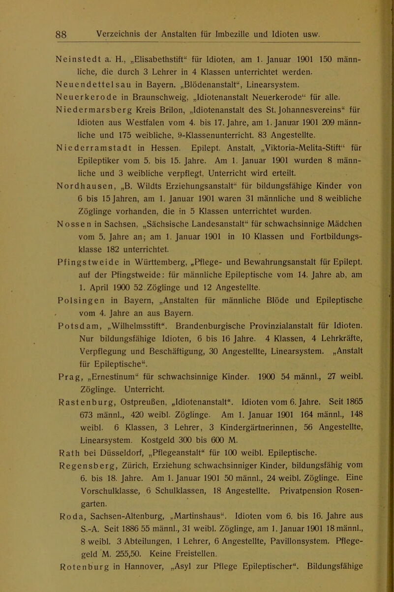 Neinstedt a. H., „Elisabethstift“ für Idioten, am 1. Januar 1901 150 männ- liche, die durch 3 Lehrer in 4 Klassen unterrichtet werden. Neuendettelsau in Bayern, „Blödenanstalt“, Linearsystem. Neuerkerode in Braunschweig, „Idiotenanstalt Neuerkerode“ für alle. Niedermarsberg Kreis Brilon, „Idiotenanstalt des St. johannesvereins“ für Idioten aus Westfalen vom 4. bis 17. Jahre, am 1. Januar 1901 209 männ- liche und 175 weibliche, 9-Klassenunterricht. 83 Angestellte. Niederramstadt in Hessen. Epilept. Anstalt, „Viktoria-Melita-Stift“ für Epileptiker vom 5. bis 15. Jahre. Am 1. Januar 1901 wurden 8 männ- liche und 3 weibliche verpflegt, Unterricht wird erteilt. Nordhausen, „B. Wildts Erziehungsanstalt“ für bildungsfähige Kinder von 6 bis 15 Jahren, am 1. Januar 1901 waren 31 männliche und 8 weibliche Zöglinge vorhanden, die in 5 Klassen unterrichtet wurden. Nossen in Sachsen, „Sächsische Landesanstalt“ für schwachsinnige Mädchen vom 5. Jahre an; am 1. Januar 1901 in 10 Klassen und Fortbildungs- klasse 182 unterrichtet. Pfingstweide in Württemberg, „Pflege- und Bewahrungsanstalt für Epilept. auf der Pfingstweide: für männliche Epileptische vom 14. Jahre ab, am 1. April 1900 52 Zöglinge und 12 Angestellte. Polsingen in Bayern, „Anstalten für männliche Blöde und Epileptische . vom 4. Jahre an aus Bayern. Potsdam, „Wilhelmsstift“. Brandenburgische Provinzialanstalt für Idioten. Nur bildungsfähige Idioten, 6 bis 16 Jahre. 4 Klassen, 4 Lehrkräfte, Verpflegung und Beschäftigung, 30 Angestellte, Linearsystem. „Anstalt für Epileptische“. Prag, „Ernestinum“ für schwachsinnige Kinder. 1900 54 männl., 27 weibl. Zöglinge. Unterricht. Rastenburg, Ostpreußen, „Idiotenanstalt“. Idioten vom 6. Jahre. Seit 1865 673 männl., 420 weibl. Zöglinge. Am 1. Januar 1901 164 männl., 148 weibl. 6 Klassen, 3 Lehrer, 3 Kindergärtnerinnen, 56 Angestellte, Linearsystem. Kostgeld 300 bis 600 M. Rath bei Düsseldorf, „Pflegeanstalt“ für 100 weibl. Epileptische. Regensberg, Zürich, Erziehung schwachsinniger Kinder, bildungsfähig vom 6. bis 18. Jahre. Am 1. Januar 1901 50 männl., 24 weibl. Zöglinge. Eine Vorschulklasse, 6 Schulklassen, 18 Angestellte. Privatpension Rosen- garten. Roda, Sachsen-Altenburg, „Martinshaus“. Idioten vom 6. bis 16. Jahre aus S.-A. Seit 1886 55 männl., 31 weibl. Zöglinge, am 1. Januar 1901 18 männl., 8 weibl. 3 Abteilungen, 1 Lehrer, 6 Angestellte, Pavillonsystem. Pflege- geld M. 255,50. Keine Freistellen. Rotenburg in Hannover, „Asyl zur Pflege Epileptischer“. Bildungsfähige