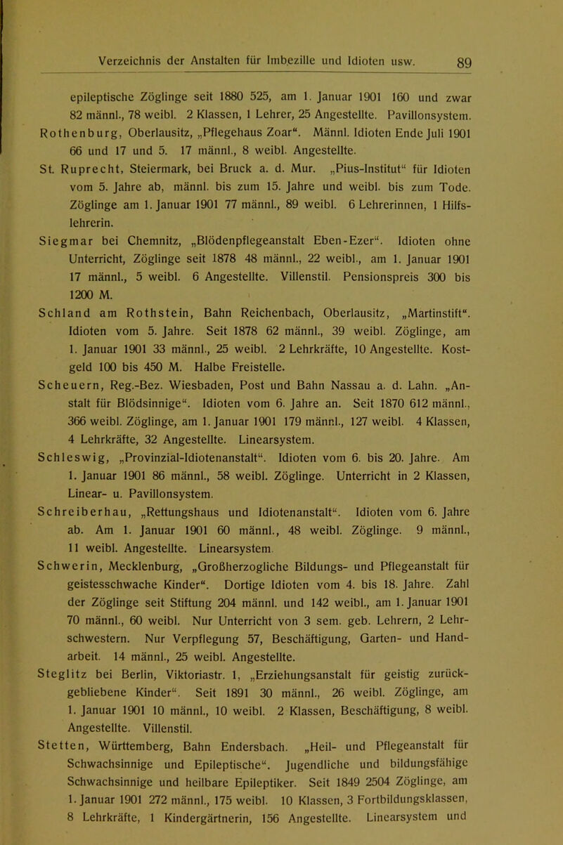 epileptische Zöglinge seit 1880 525, am 1. Januar 1901 160 und zwar 82 männl., 78 weibl. 2 Klassen, 1 Lehrer, 25 Angestellte. Pavillonsystem. Rothenburg, Oberlausitz, „Pflegehaus Zoar“. Männl. Idioten Ende Juli 1901 66 und 17 und 5. 17 männl., 8 weibl. Angestellte. St. Ruprecht, Steiermark, bei Bruck a. d. Mur. „Pius-Institut“ für Idioten vom 5. Jahre ab, männl. bis zum 15. Jahre und weibl. bis zum Tode. Zöglinge am 1. Januar 1901 77 männl., 89 weibl. 6 Lehrerinnen, 1 Hilfs- lehrerin. Siegmar bei Chemnitz, „Blödenpflegeanstalt Eben-Ezer“. Idioten ohne Unterricht, Zöglinge seit 1878 48 männl., 22 weibl., am 1. Januar 1901 17 männl., 5 weibl. 6 Angestellte. Villenstil. Pensionspreis 300 bis 1200 M. Schland am Rothstein, Bahn Reichenbach, Oberlausitz, „Martinstift“. Idioten vom 5. Jahre. Seit 1878 62 männl., 39 weibl. Zöglinge, am 1. Januar 1901 33 männl., 25 weibl. 2 Lehrkräfte, 10 Angestellte. Kost- geld 100 bis 450 M. Halbe Freistelle. Scheuern, Reg.-Bez. Wiesbaden, Post und Bahn Nassau a. d. Lahn. „An- stalt für Blödsinnige“. Idioten vom 6. Jahre an. Seit 1870 612 männl., 366 weibl. Zöglinge, am 1. Januar 1901 179 männl., 127 weibl. 4 Klassen, 4 Lehrkräfte, 32 Angestellte. Linearsystem. Schleswig, „Provinzial-ldiotenanstalt“. Idioten vom 6. bis 20. Jahre. Am 1. Januar 1901 86 männl., 58 weibl. Zöglinge. Unterricht in 2 Klassen, Linear- u. Pavillonsystem. Schreiberhau, „Rettungshaus und Idiotenanstalt“. Idioten vom 6. Jahre ab. Am 1. Januar 1901 60 männl., 48 weibl. Zöglinge. 9 männl., 11 weibl. Angestellte. Linearsystem. Schwerin, Mecklenburg, „Großherzogliche Bildungs- und Pflegeanstalt für geistesschwache Kinder“. Dortige Idioten vom 4. bis 18. Jahre. Zahl der Zöglinge seit Stiftung 204 männl. und 142 weibl., am 1. Januar 1901 70 männl., 60 weibl. Nur Unterricht von 3 sem. geb. Lehrern, 2 Lehr- schwestern. Nur Verpflegung 57, Beschäftigung, Garten- und Hand- arbeit. 14 männl., 25 weibl. Angestellte. Steglitz bei Berlin, Viktoriastr. 1, „Erziehungsanstalt für geistig zurück- gebliebene Kinder“. Seit 1891 30 männl., 26 weibl. Zöglinge, am 1. Januar 1901 10 männl., 10 weibl. 2 Klassen, Beschäftigung, 8 weibl. Angestellte. Villenstil. Stetten, Württemberg, Bahn Endersbach. „Heil- und Pflegeanstalt für Schwachsinnige und Epileptische“. Jugendliche und bildungsfähige Schwachsinnige und heilbare Epileptiker. Seit 1849 2504 Zöglinge, am 1. Januar 1901 272 männl., 175 weibl. 10 Klassen, 3 Fortbildungsklassen, 8 Lehrkräfte, 1 Kindergärtnerin, 156 Angestellte. Linearsystem und