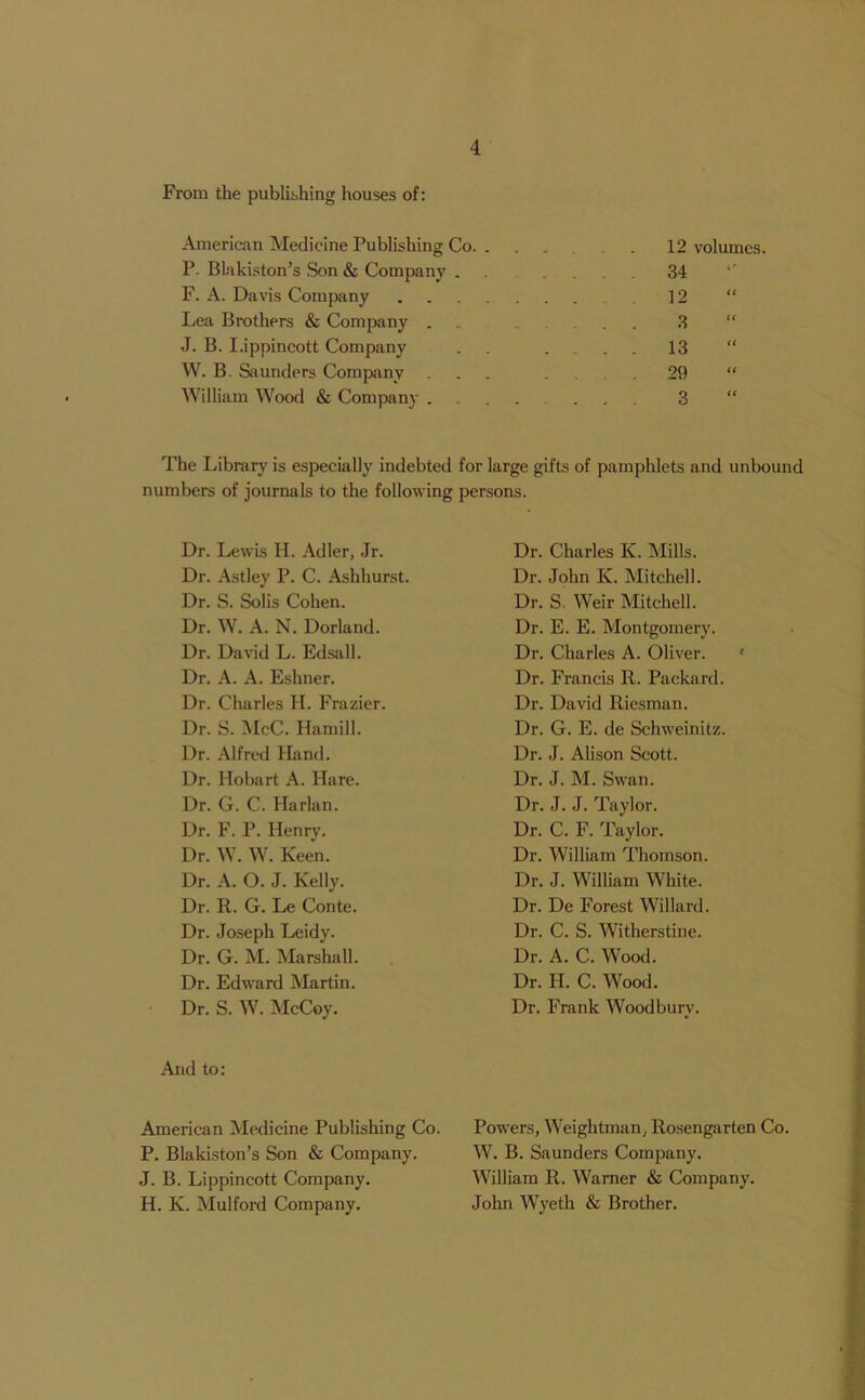 From the publishing houses of: American Medicine Publishing Co. ..... 12 volumes. P. Blakiston’s Son & Company . . .... 34 F. A. Davis Company 12 “ Lea Brothers & Company . 3 “ J. B. I.ippincott Company . 13 “ W. B. Saunders Company ... .... 29 “ William Wood & Company ....... 3 “ The Library is especially indebted for large gifts of pamphlets and unbound numbers of journals to the following persons. Dr. Lewis H. Adler, Jr. Dr. Astley P. C. Ashhurst. Dr. S. Solis Cohen. Dr. W. A. N. Dorland. Dr. David L. Edsall. Dr. A. A. Eshner. Dr. Charles H. Frazier. Dr. S. McC. Hamill. Dr. Alfred Hand. Dr. Hobart A. Hare. Dr. G. C. Harlan. Dr. F. P. Henry. Dr. W. W. Keen. Dr. A. O. J. Kelly. Dr. R. G. Le Conte. Dr. Joseph Leidy. Dr. G. M. Marshall. Dr. Edward Martin. Dr. S. W. McCoy. And to: American Medicine Publishing Co. P. Blakiston’s Son & Company. J. B. Lippincott Company. H. K. Mulford Company. Dr. Charles K. Mills. Dr. John IC. Mitchell. Dr. S. Weir Mitchell. Dr. E. E. Montgomery. Dr. Charles A. Oliver. Dr. Francis R. Packard. Dr. David Riesman. Dr. G. E. de Schweinitz. Dr. J. Alison Scott. Dr. J. M. Swan. Dr. J. J. Taylor. Dr. C. F. Taylor. Dr. William Thomson. Dr. J. William White. Dr. De Forest Willard. Dr. C. S. Witherstine. Dr. A. C. Wood. Dr. H. C. Wood. Dr. Frank Woodbury. Powers, Weightman, Rosengarten Co. W. B. Saunders Company. William R. Warner & Company. John Wyeth & Brother.