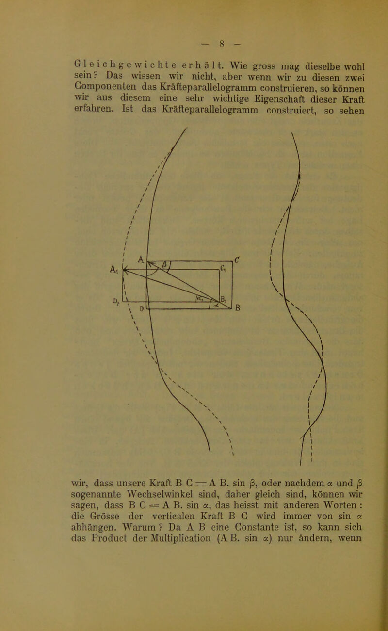 Gleichgewichte erhält. Wie gross mag dieselbe wohl sein ? Das wissen wir nicht, aber wenn wir zu diesen zwei Componenten das Kräfteparallelogramm construieren, so können wir aus diesem eine sehr wichtige Eigenschaft dieser Kraft erfahren. Ist das Kräfteparallelogramm construiert, so sehen C ß wir, dass unsere Kraft B G = A B. sin ß, oder nachdem a und ß sogenannte Wechselwinkel sind, daher gleich sind, können wir sagen, dass B G — A B. sin a, das heisst mit anderen Worten : die Grösse der verticalen Kraft B G wird immer von sin a abhängen. Warum ? Da A B eine Gonstante ist, so kann sich das Product der Multiplication (A B. sin a) nur ändern, wenn