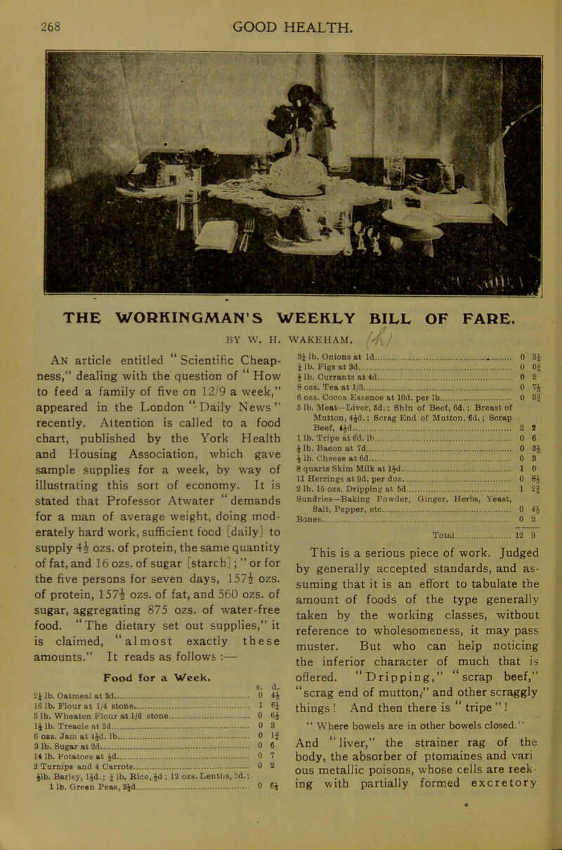 THE WORKINGMAN’S WEEKLY BILL OF FARE. BY W. H. WAKEHAM. An article entitled  Scientific Cheap- ness,” dealing with the question of “ How to feed a family of five on 12/9 a week,” appeared in the London  Daily News” recently. Attention is called to a food chart, published by the York Health and Housing Association, which gave sample supplies for a week, by way of illustrating this sort of economy. It is stated that Professor Atwater “ demands for a man of average weight, doing mod- erately hard work, sufficient food [daily] to supply ii ozs. of protein, the same quantity of fat, and 16 ozs. of sugar [starch]; ” or for the five persons for seven days, 1574 ozs. of protein, 1574 ozs. of fat, and 560 ozs. of sugar, aggregating 875 ozs. of water-free food. “The dietary set out supplies,” it is claimed, “almost exactly these amounts.” It reads as follows :— Food for a Week. s. d. lb. Oatmeal at 2d 0 16 lb. Flour at 1/4 atone 1 6i 5 lb. Wheaten Flour at 1/6 stone 0 6J li lb. Treacle at 2d 0 3 6 ozB. Jam at IJd. lb 0 1J 3 lb. Sugar at 2d 0 6 14 lb. Potatoes at 4d 0 7 2 Turnips and 4 Carrots 0 2 41b. Barley, 14d.; J lb. Rice, 4J I 12 ozs. Lentiis, 2d.; 1 lb. Green Peas, 24d 0 64 34 lb. Onions at Id 0 3J i lb. Pigs at 3d 0 OJ 4 lb. Currants at 4d 0 2 8 ozs. Ten at 1/3 0 74 6 ozs. Cocoa Essence at lOd. per lb 0 3J 6 lb. Meat—Liver, 6d.; Shin of Beef, 6d.; Breast of Mutton, 44d.; Scrag End of Mutton, 6d.; Scrap Beef, 44d 2 2 1 lb. Tripe at 6d. lb 0 6 4 lb. Bacon at 7d 0 34 4 lb. Cheese at 6d 0 8 8 quarts Skim Milk at 14d 1 0 11 Herrings at 9d. per doz 0 84 2 lb. 16 ozs. Dripping at 6d 1 2^ Sundries—Baking Powder, Ginger, Herbs, Yeast, Salt, Pepper, etc 0 44 Bones 0 2 Total 12 9 This is a serious piece of work. Judged by generally accepted standards, and as- suming that it is an effort to tabulate the amount of foods of the type generally taken by the working classes, without reference to wholesomeness, it may pass muster. But who can help noticing the inferior character of much that is offered. “Dripping,” “scrap beef,” “scrag end of mutton,-” and other scraggly things ! And then there is “ tripe ” ! “ Where bowels are in other bowels closed.” And “liver,” the strainer rag of the body, the absorber of ptomaines and vari ous metallic poisons, whose cells are reek- ing with partially formed excretory