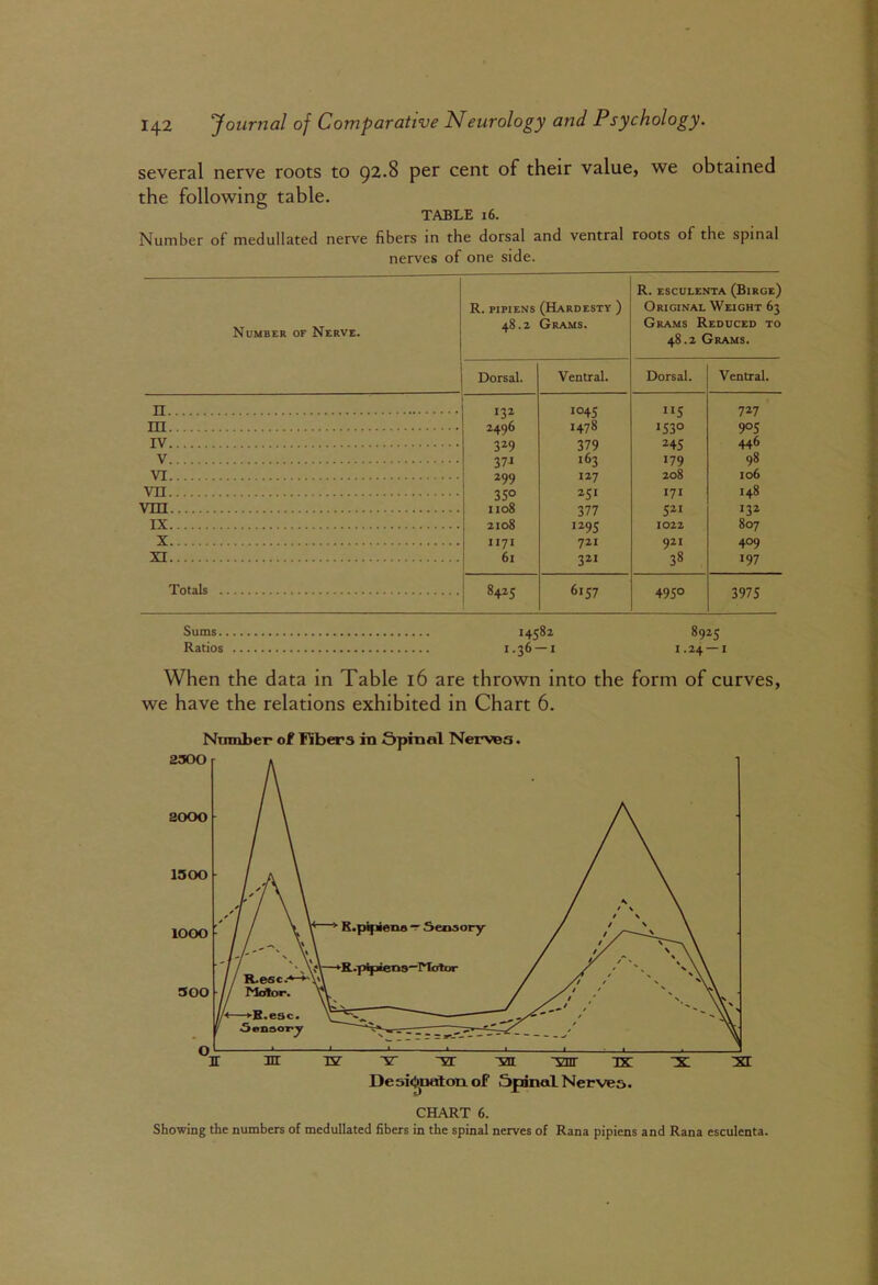 several nerve roots to 92*8 per cent of their value, we obtained the following table. TABLE 16. Number of medullated nerve fibers in the dorsal and ventral roots of the spinal nerves of one side. Number of Nerve. R. PIPIENS (Hardesty ) 48.2 Grams. R. ESCULENTA (BiRGe) Original Weight 63 Grams Reduced to 48.2 Grams. Dorsal. Ventral. Dorsal. Ventral. 132 1045 ”5 727 m 2496 1478 1530 90s IV 3^9 379 24s 446 V 271 163 179 98 VI 299 127 208 106 vn 35° 171 148 vm 1108 377 132 IX 2108 1295 1022 807 X II7I 721 921 409 XI 61 321 38 197 Totals 8425 6157 495° 3975 Sums 14582 8925 Ratios 1.36 — 1 1.24 —I Sums 14582 8925 Ratios 1.36 — 1 1.24 —I When the data in Table 16 are thrown into the form of curves, we have the relations exhibited in Chart 6. Number of Fibers in Spinal Nerves. CHART 6. Showing the numbers of medullated fibers in the spinal nerves of Rana pipiens and Rana esculenta.