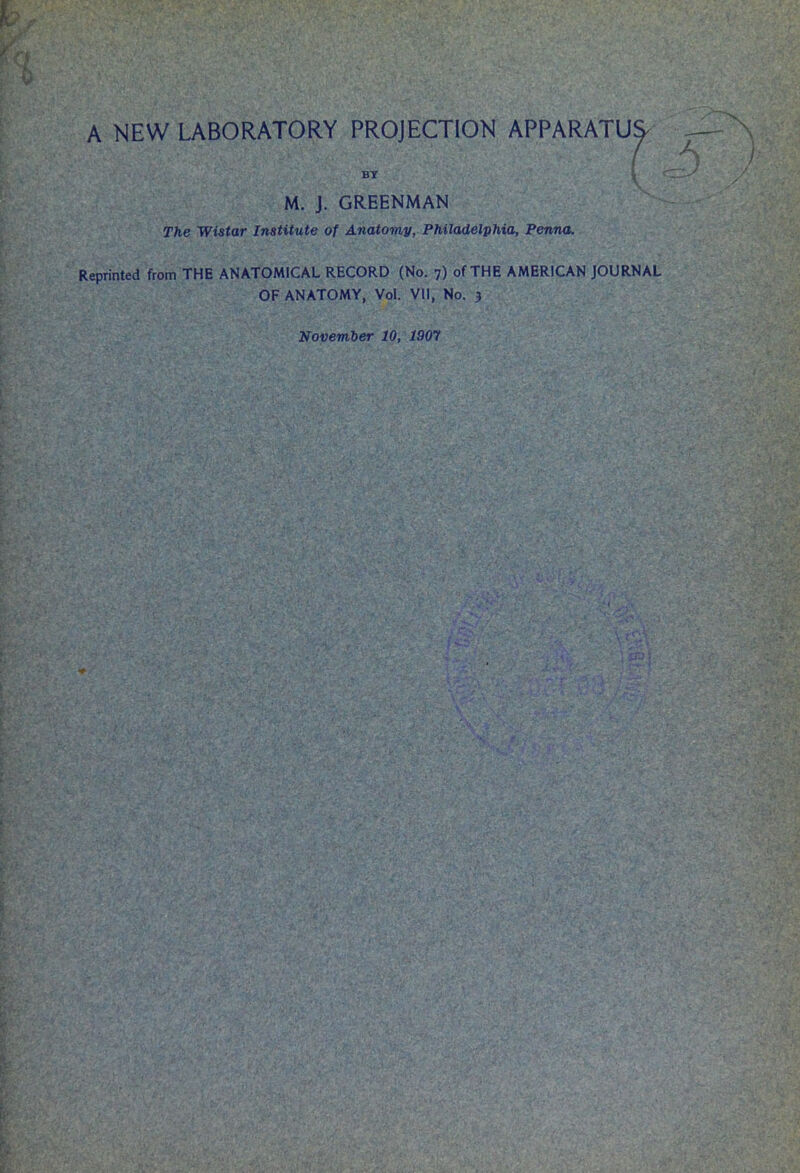 A NEW LABORATORY PROJECTION APPARATU^ BT i M. J. GREENMAN The Wistar Institute of Anatomy, Philadelphia, Penna. Reprinted from THE ANATOMICAL RECORD (No. 7) of THE AMERICAN JOURNAL OF ANATOMY, Vol. VII, No. 3 November 10, 1907