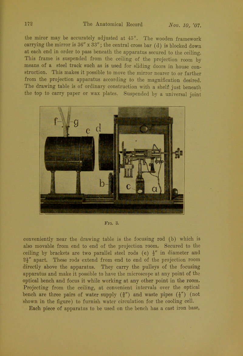 the miror may be accurately adjusted at 45°. The wooden framework carrying the mirror is 36 x 33; the central cross bar (d) is blocked down at each end in order to pass beneath the apparatus secured to the ceiling. This frame is suspended from the ceiling of the projection room by means of a steel track such as is used for sliding doors in house con- struction. This makes it possible to move the mirror nearer to or farther from the projection apparatus according to the magnification desired. The drawing table is of ordinary construction with a shelf just beneath the top to carry paper or wax plates. Suspended by a universal joint Fio. 3. conveniently near the drawing table is the focusing rod (b) which is also movable from end to end of the projection room. Secured to the ceiling by brackets are two parallel steel rods (e) V in diameter and 2£ apart. These rods extend from end to end of the projection room directly above the apparatus. They carry the pulleys of the focusing apparatus and make it possible to have the microscope at any point of the optical bench and focus it while working at any other point in the room. Projecting from the ceiling, at convenient intervals over the optical bench are three pairs of water supply (§) and waste pipes (-£) (not shown in the figure) to furnish water circulation for the cooling cell. Each piece of apparatus to be used on the bench has a cast iron base,