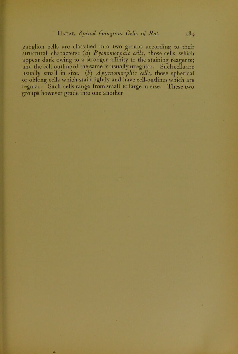 ganglion cells are classified into two groups according to their structural characters: {a) Pycnomorphic cells, those cells which appear dark owing to a stronger affinity to the staining reagents; and the cell-outline of the same is usually irregular. Such cells are usually small in size, {h) A pycnomorphic cells, those spherical or oblong cells which stain lightly and have cell-outlines which are regular. Such cells range from small to large in size. These two groups however grade into one another